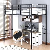 Vista 6 de Cama tipo loft individual de 75 pulgadas de alto con barandilla alta, marco de cama que ahorra espacio con peldaños anchos de escalera, no se hunde