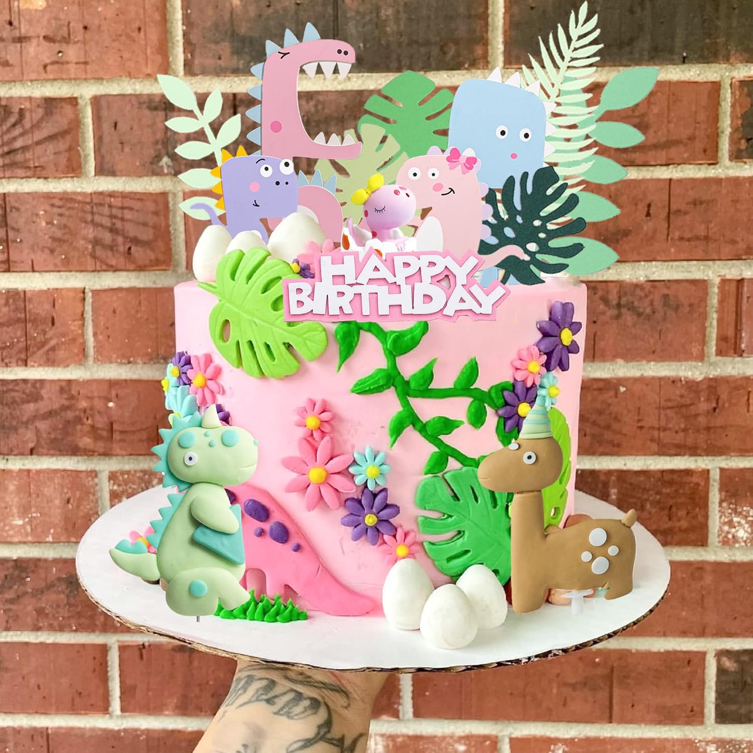 Little Dino Birthday Cake Decoration Dinosaur Egg Cake Topper Little Dinosaur Birthday Party Supplies Three Rex Cake Decoration (Pink)
