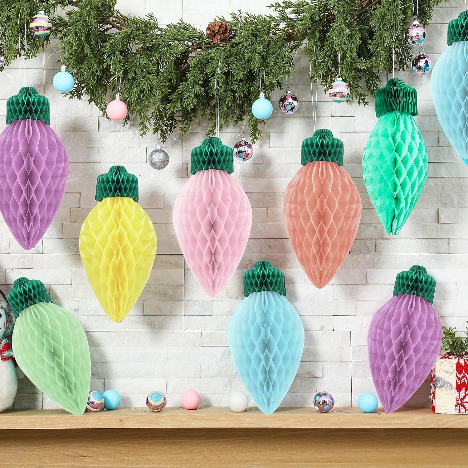 12 Pcs 12" Jumbo Pastel Christmas Light Honeycomb Hanging Decorations 3D Large Light Bulb Shaped Xmas Assorted Colors Honeycomb Ornament for Christmas Classroom Decor