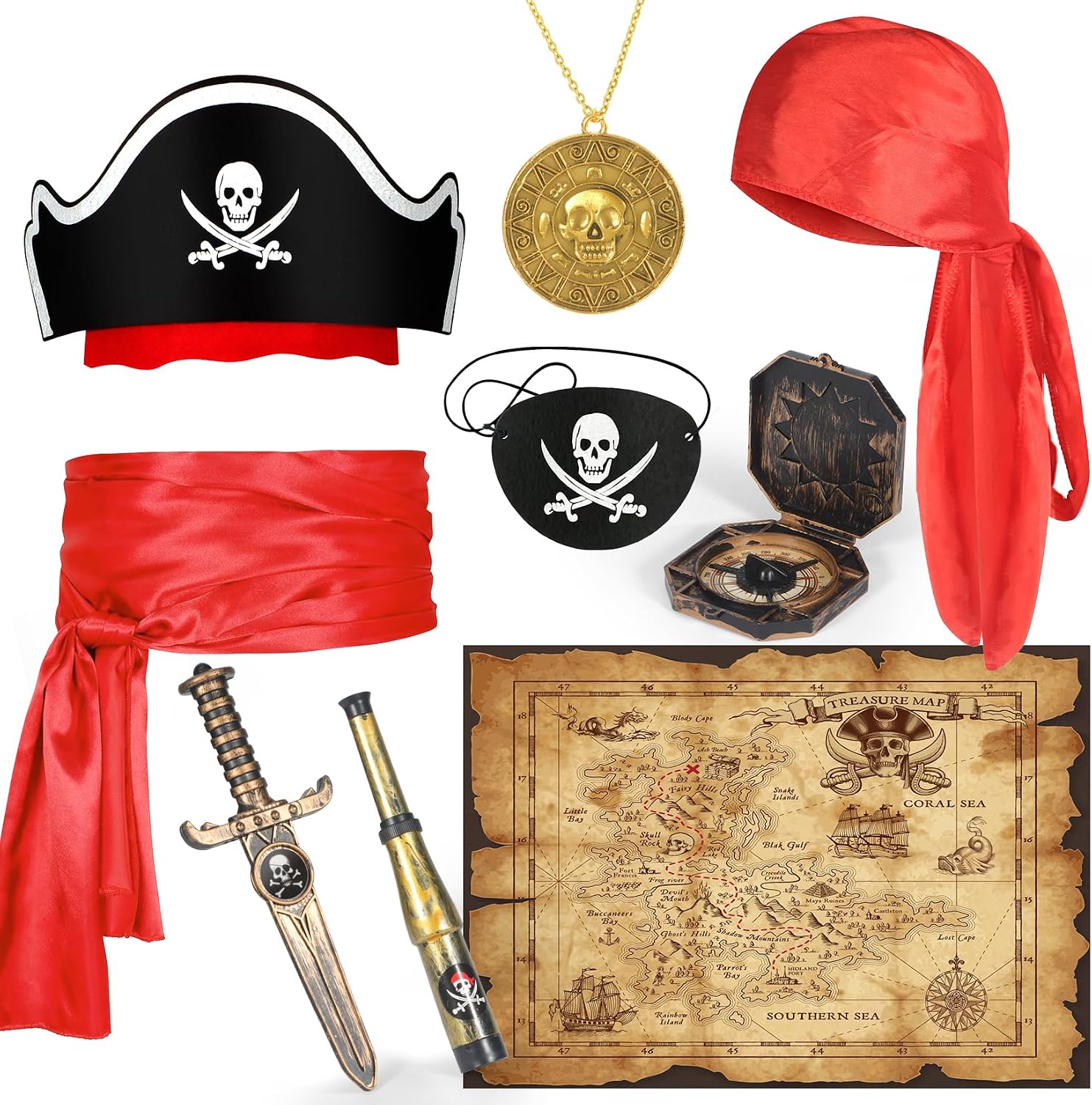 HUITEM 9 PCS Kids Pirate Costume Accessories Set for Halloween Party Favors