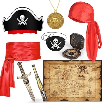HUITEM 9 PCS Pirate Accessories Set, Pirate Costume Accessories With Hat, Head Scarf, Sash, Belt, Eye Patches, Swords, Map, Necklace for Halloween Party Favors Supplies Toys