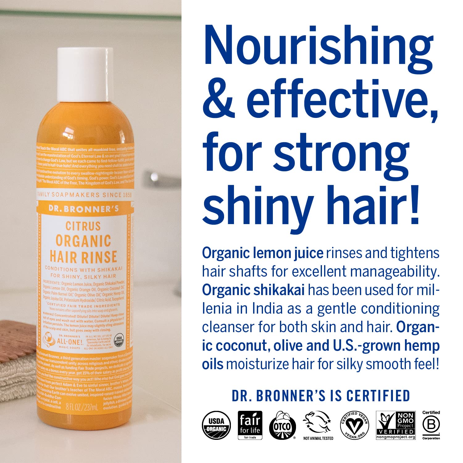 Dr. Bronner's Organic Hair Rinse – Citrus Orange, 8 Ounce, 2-Pack – Lightweight Conditioning Rinse for Smooth Hair – Fair Trade, Vegan – with Shikakai & Lemon Juice, Coconut, Olive & Hemp Oils image 4