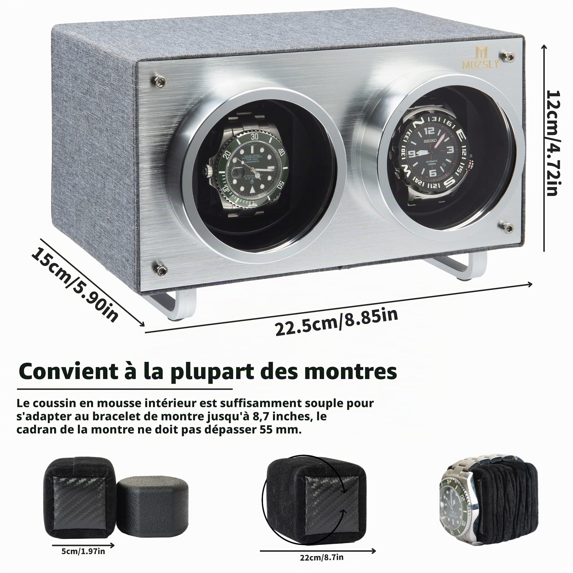 MOZSLY Remontoir de montre double pour montres automatiques moteur silencieux en cuir PU, gris, MOZSLY Remontoir double pour montres automatiques avec moteur silencieux