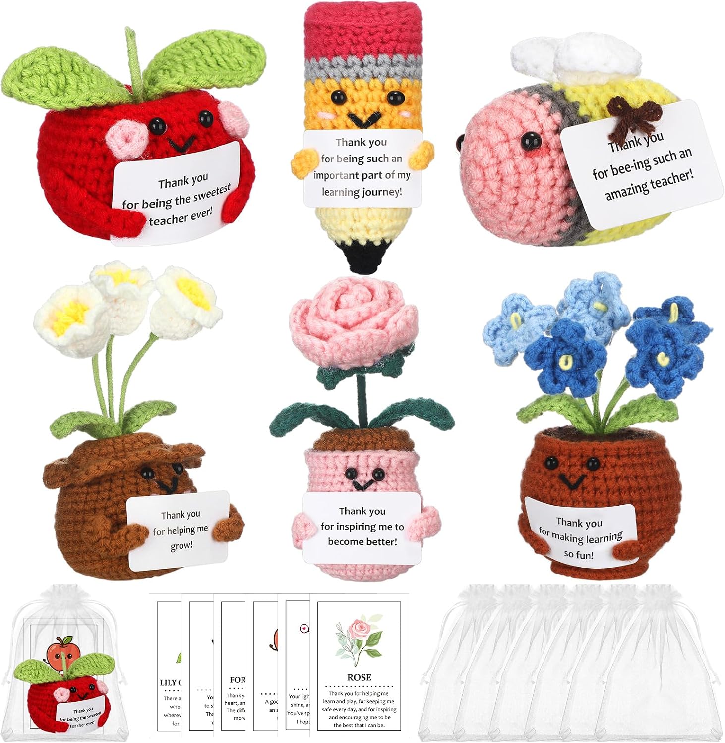 6 Set Back to School Teacher Gifts Emotional Crochet Appreciation Positive Pencil Support Knitted Crochet with Inspirational Message Thank You Teacher Gifts for Women Mentor Office Desk