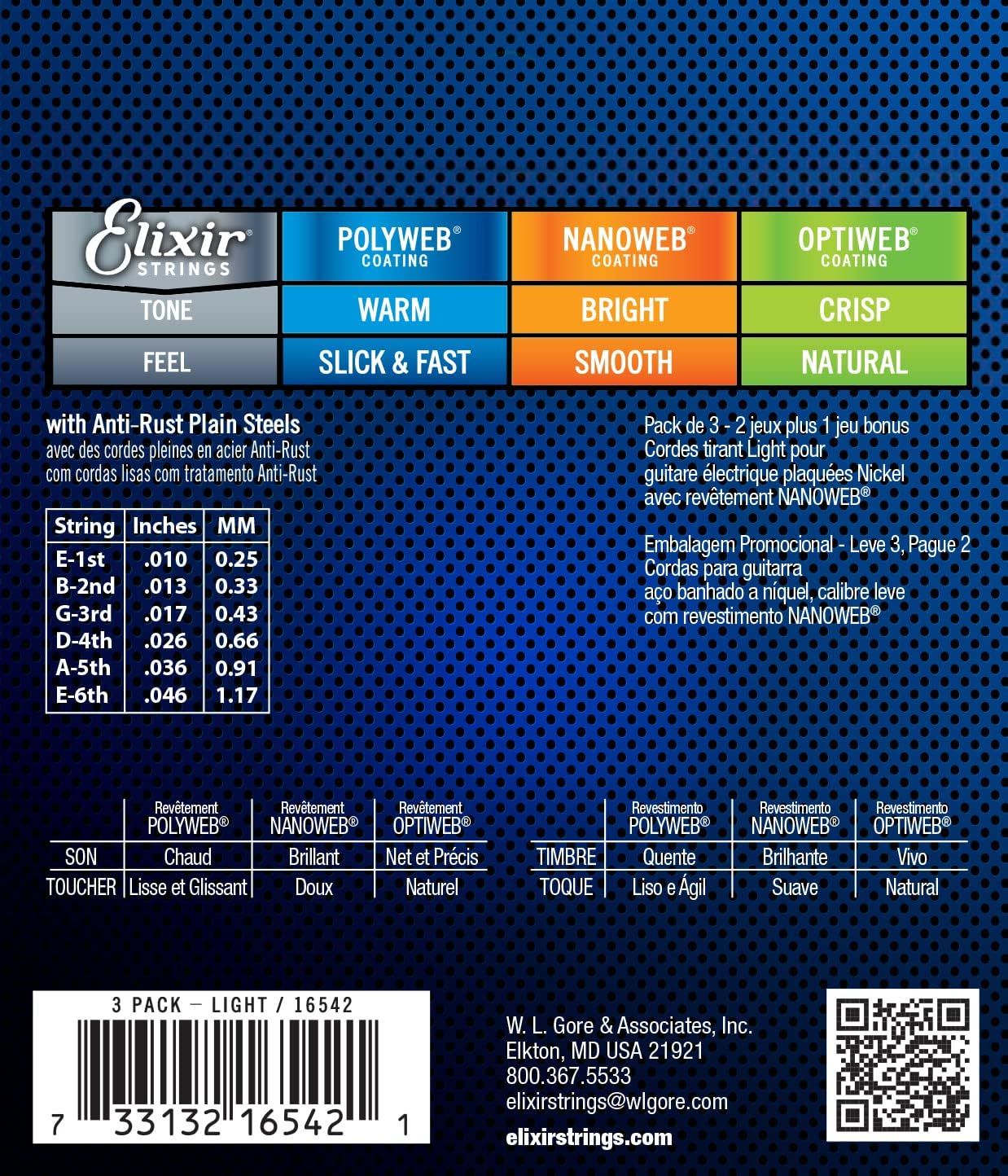 Elixir® Strings 16542 Electric Guitar Strings with NANOWEB® Coating, 3 Pack, Light (.010-.046)
