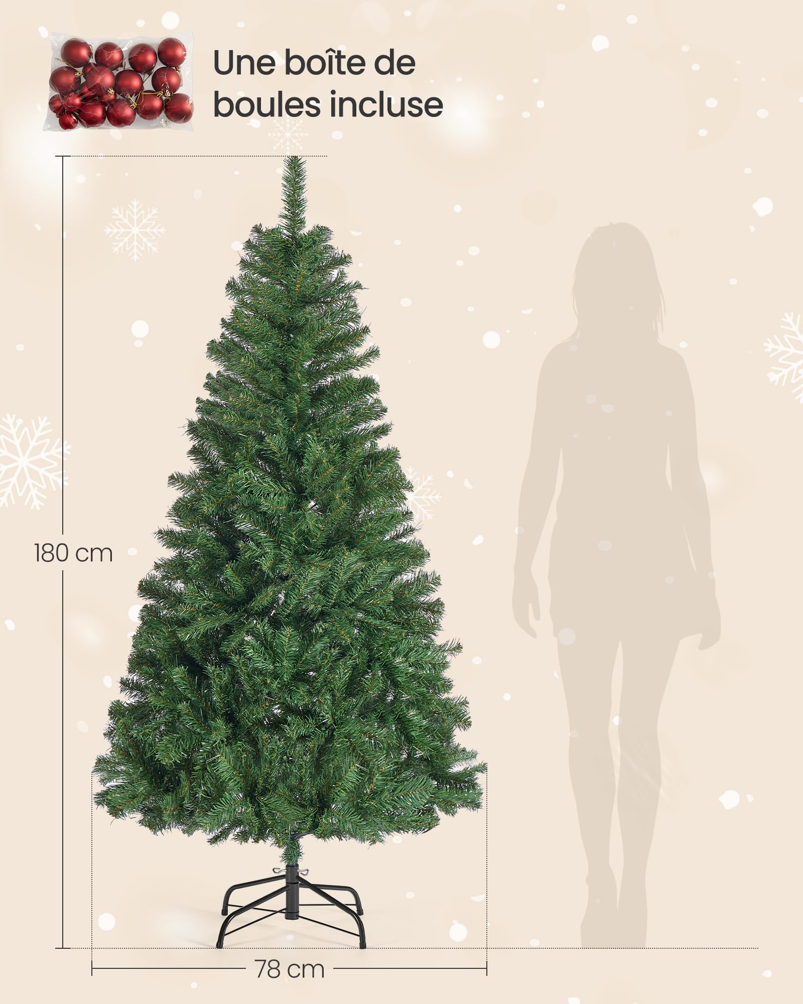 SONGMICS Sapin de Noël Artificiel, Sapin de 180 cm, Branches en PVC, avec Support en Métal, Montage Rapide, Vert LAT002CZ01