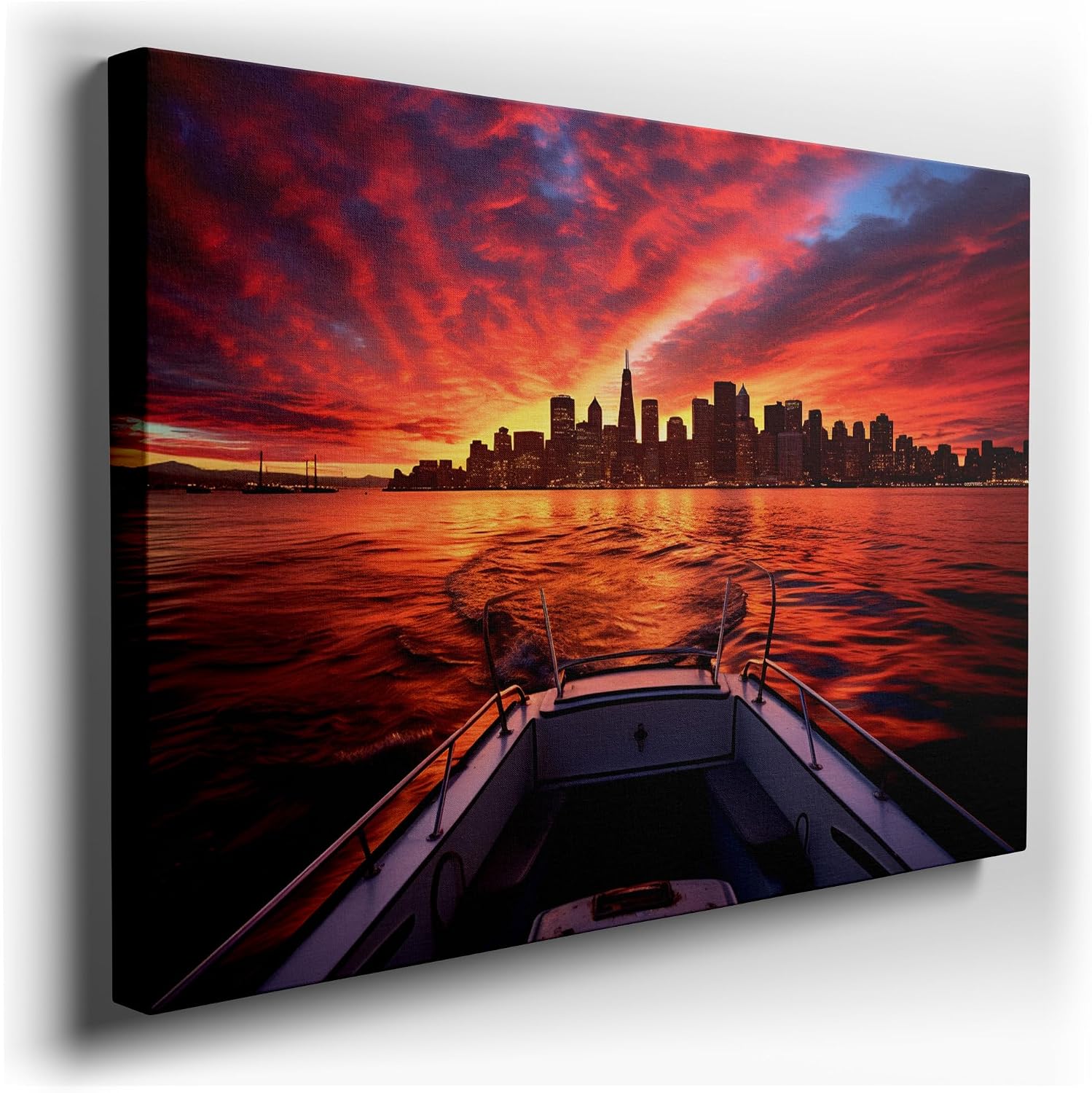 Canvas for Living room. Crimson Twilight: Manhattan's Skyline Embraced by a Fiery Sunset, 27 x 18 inch Canvas Wall Art - Urban Global Cities - Modern Home Decor