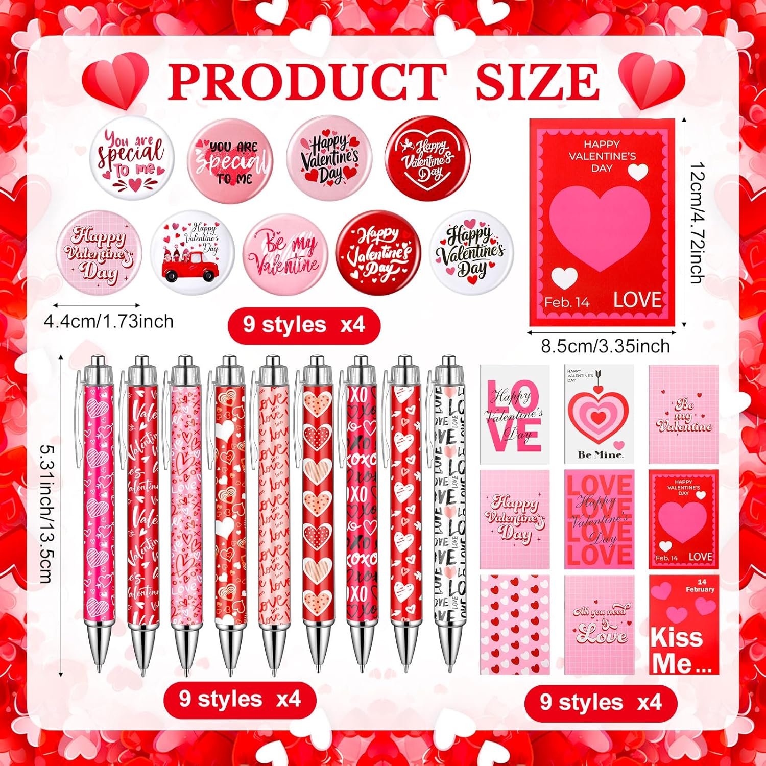 AmazingSpark 108 Pcs Valentine Day Pens Gifts Set Include Red Heart Ballpoint Pens Pin and Pocket Notebook Bulk Happy Valentine Party Favors for Students Teachers School Office Supplies