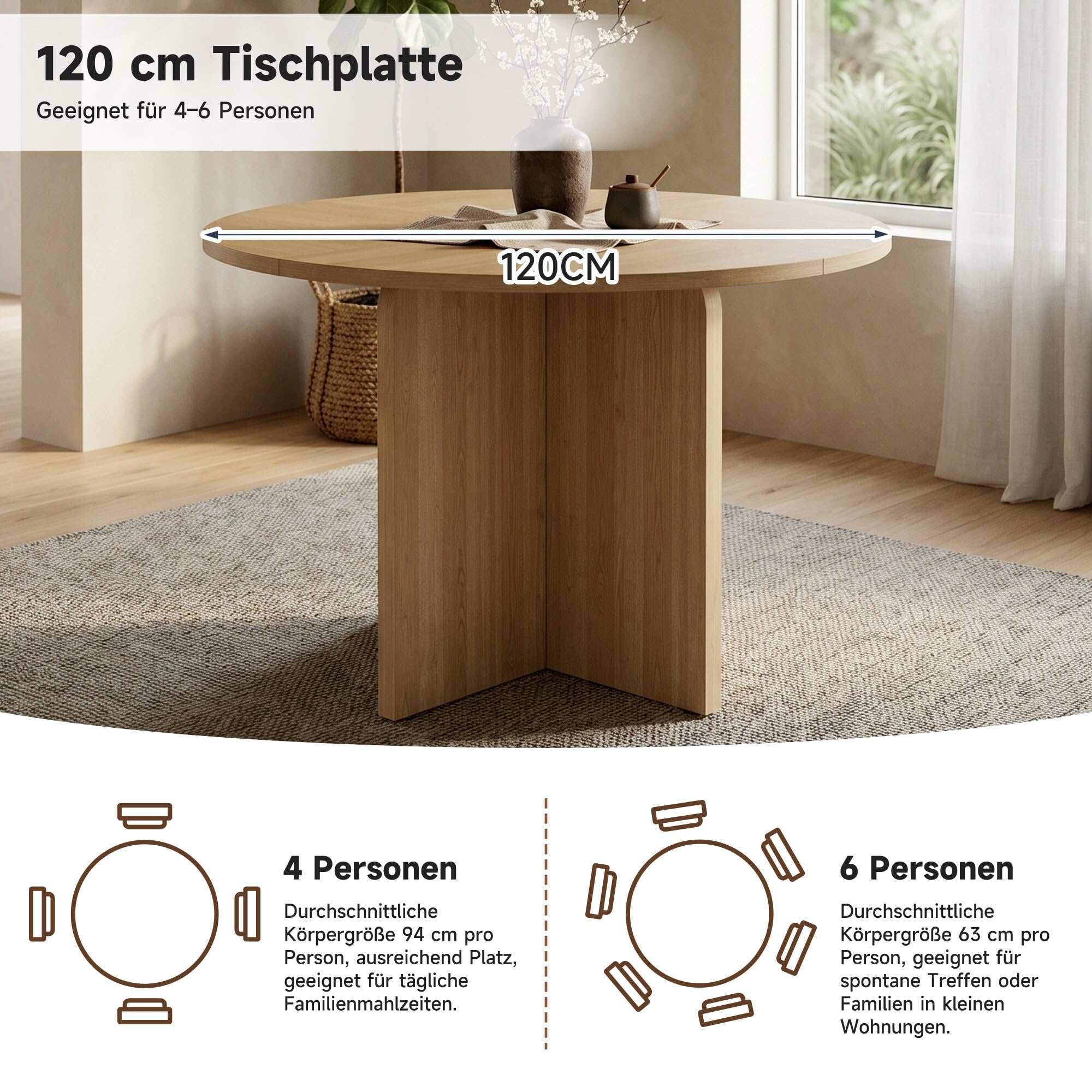 Merax Tavolo da pranzo rotondo Ø 120 cm per 4-6 persone, tavolo da cucina in MDF, tavolo da pranzo in stile scandinavo, tavolo da cucina classico con venature del legno