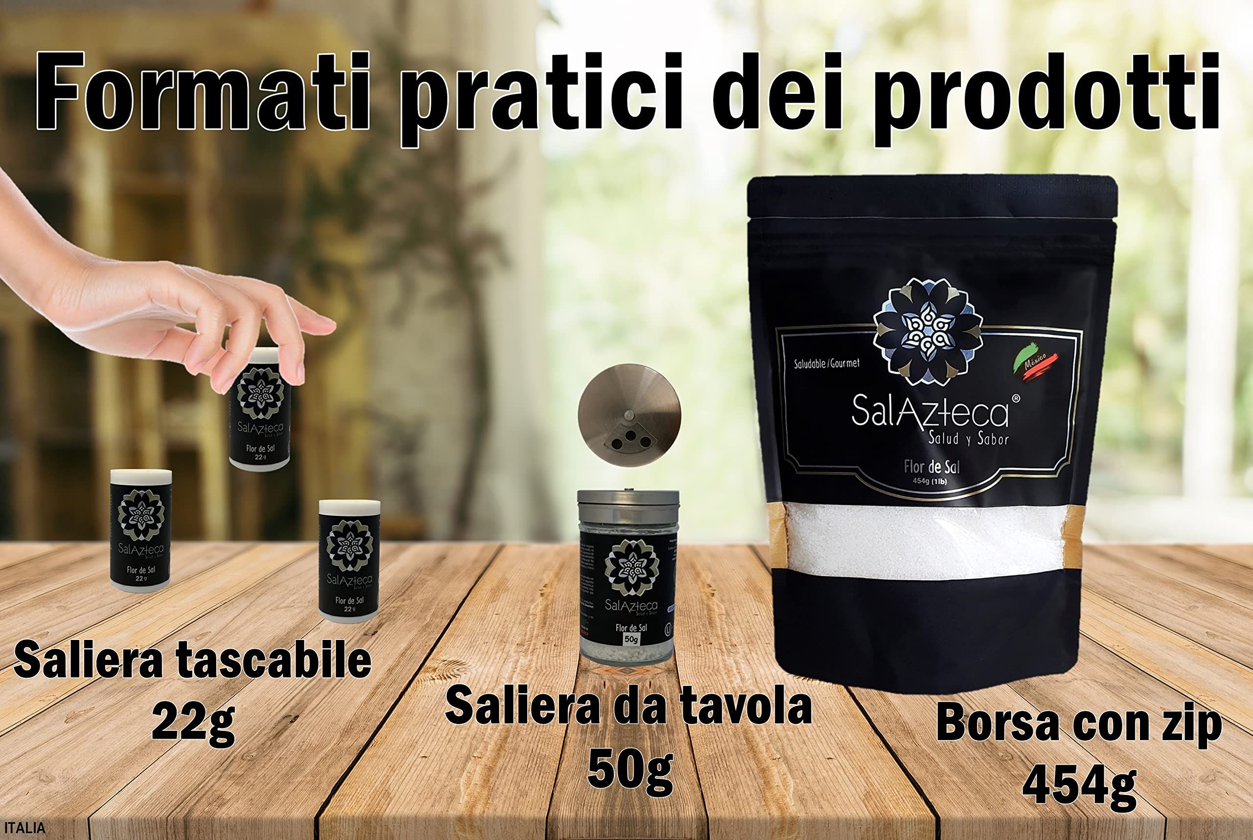 Sal Azteca / Fior di Sale / Fleur de Sel - Sale con meno sodio, alternativa al sale comune, 100% puro e naturale. Ricco di minerali. Ricco di magnesio. Gourmet per eccellenza (22 g 3 unità)