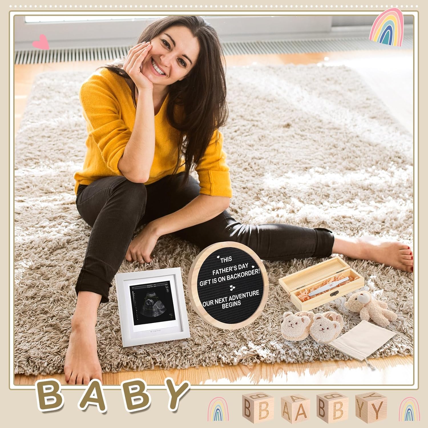 5 Pcs Surprise Pregnancy Announcements for Dad Felt Letter Board Kit Hello Daddy Baby Bodysuit Pregnancy Announcement Box Photo Frame Baby Shoes Baby Gift Sets for Husband Partner - Image 7