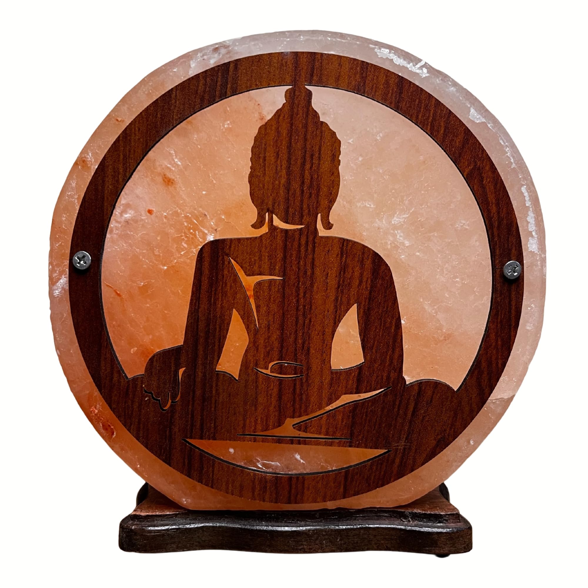Lampe en sel de l'Himalaya - Buddha - 20 x 22 x 10 cm - Avec base en bois, câble et ampoule inclus - Fabriquée artisanalement