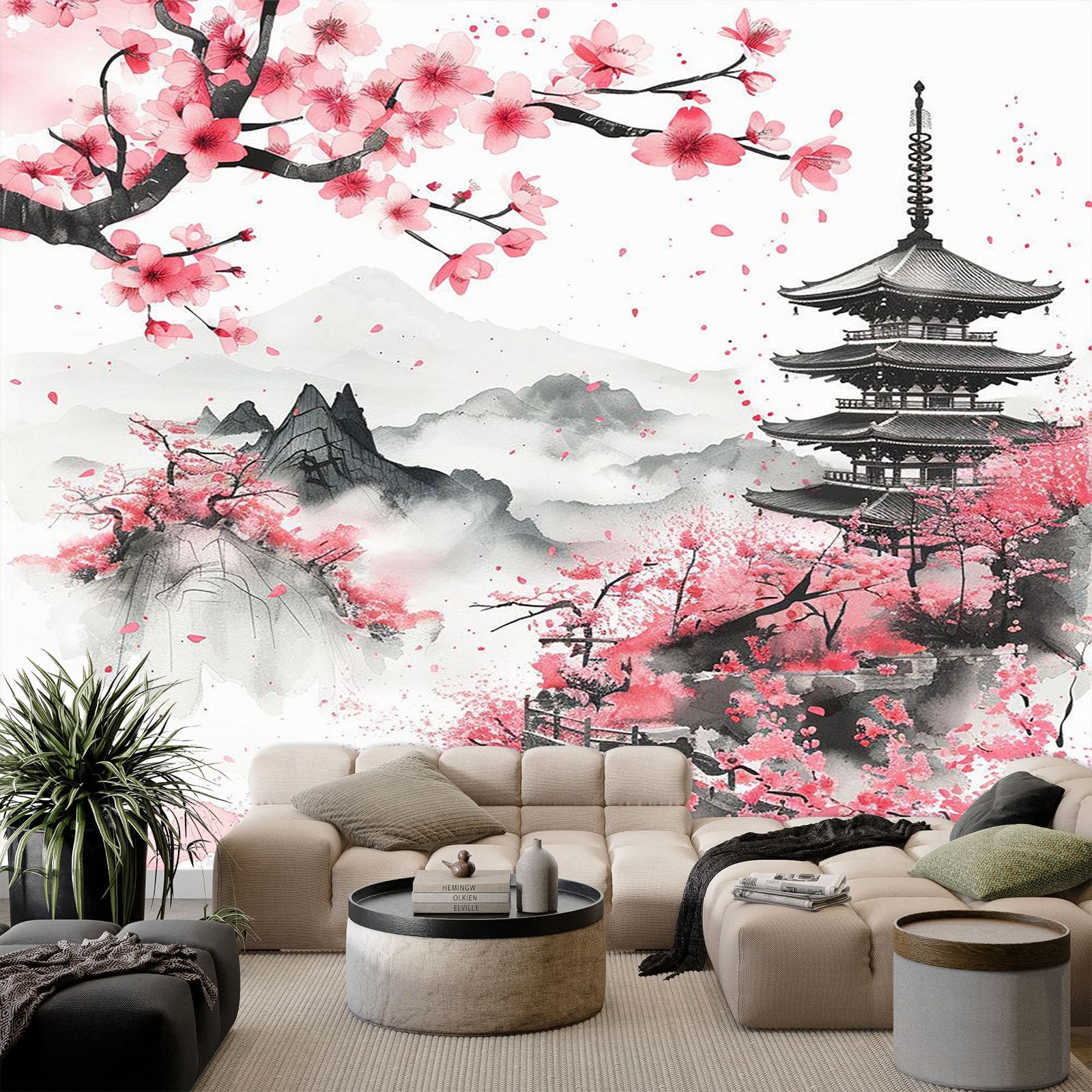 Japanese Cherry Blossom Loft Wallpaper for Master Bedroom, Multicolor Wall Mural Art for Feature Wall Decoration Poster, Non-Woven Premium Art Fleece Photo Wallpaper - 400 x 280 cm