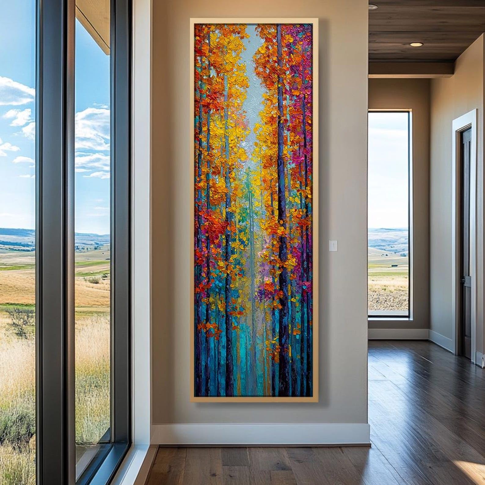Dekoratives Bild mit natürlichen Bäumen, botanische Folie mit neutralen Farben, botanischer Vintage-Stil, lange und schmale Wandkunst für die Heimdekoration (60 x 180 cm / Innenrahmen).