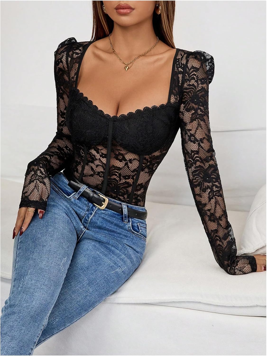 SweatyRocks Women's Sheer Floral Lace Scoop Neck Bodysuit Puff Long Sleeve Slim Fit Leotard Tops - Image 5