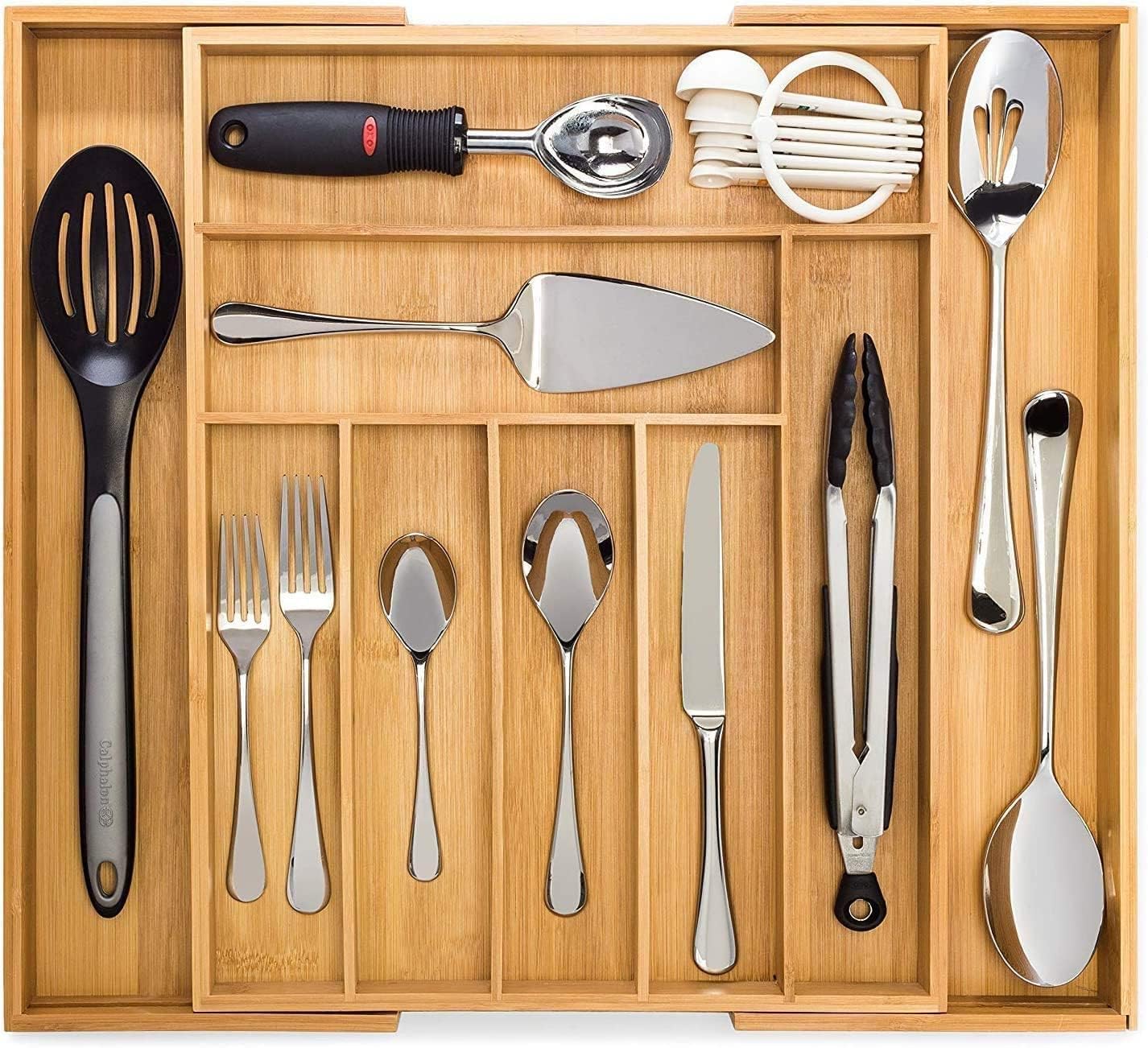 Dynamic Gear Bamboo Drawer Organizer (7–9 slots) | 100% Pure Bamboo Silverware Drawer Organiser | Wooden Cutlery Tray, Kitchen Organization, Utensil Divider/Holder | Wood Trays Kitchen Storage