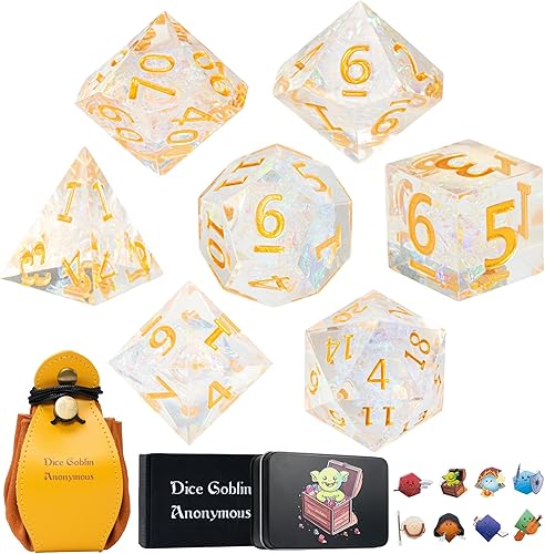 Dice Goblin Anonymous DND - Juego de 7 dados poliédricos de resina de borde afilado para Calabozos y Dragones con bolsa de dados  bandeja y