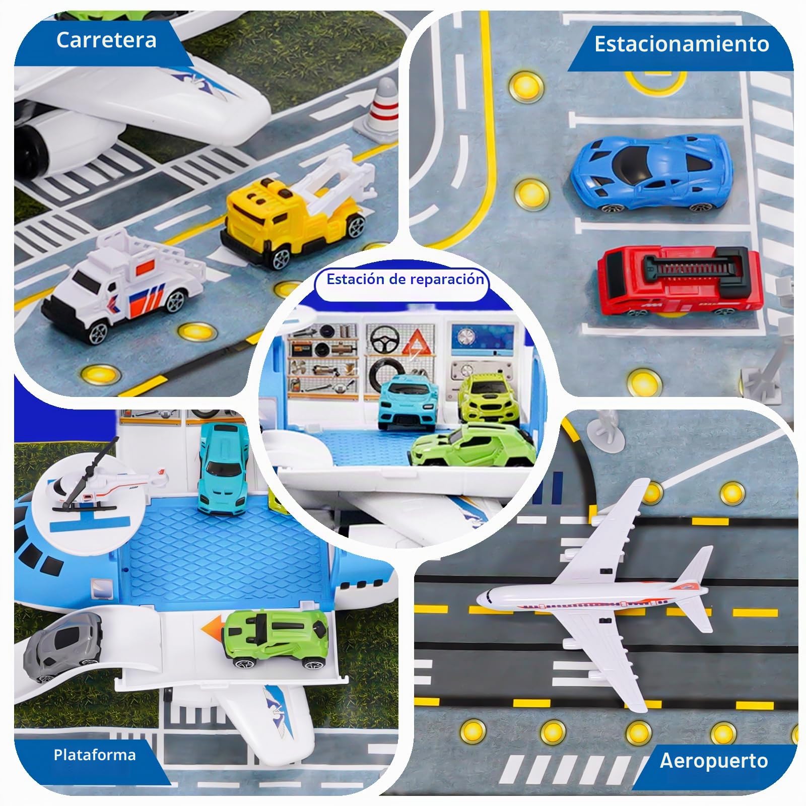 Transporte Avión Juguete Coche Juguete Total 15 medios de transporte con señales de tráfico y alfombrillas de juego, helicóptero aparcamiento juego de juego regalo para niños 3+ niños niñas