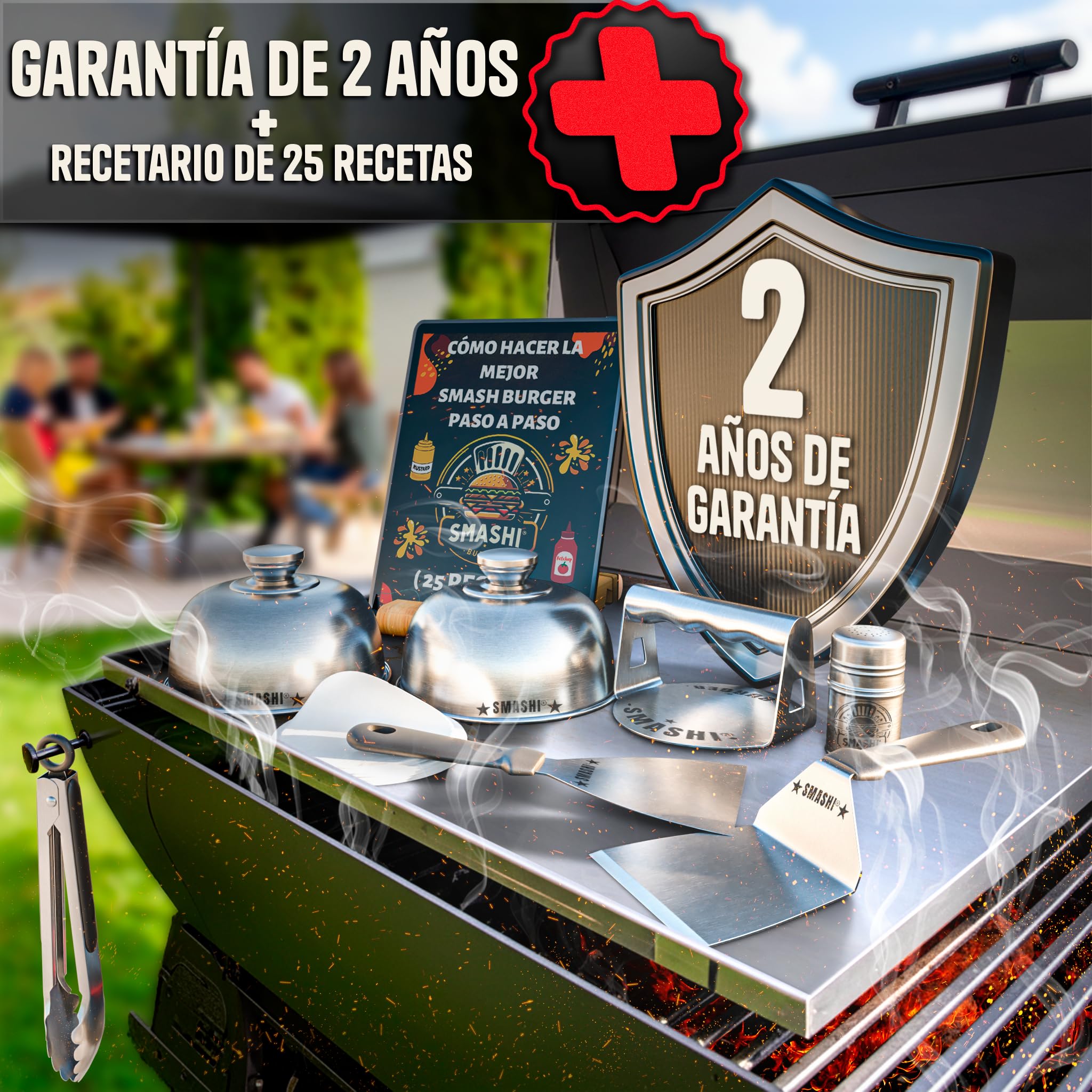SMASHI Kit Smash Burger Acciaio Inox 304 - Smasher, 2 spatole Smash, 2 coperchi Smash, pressa hamburger, portaspezie e pinzette | Set professionale per cucina, BBQ e ristorante