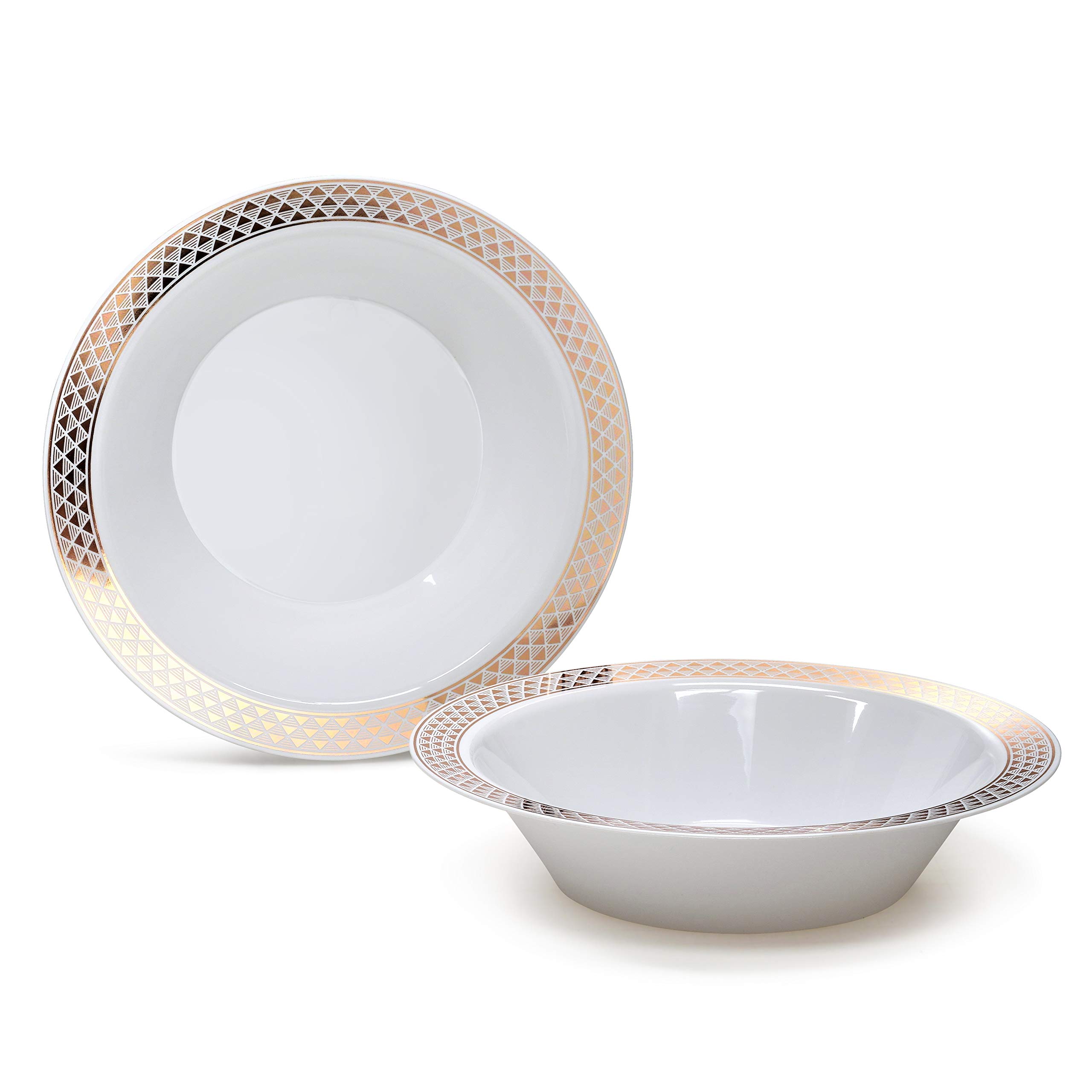 " OCCASIONS " 120 Pieces Plates Pack, Heavyweight Disposable Wedding Party Plastic Bowls (14oz Soup Bowl, Celebration in White & Gold)