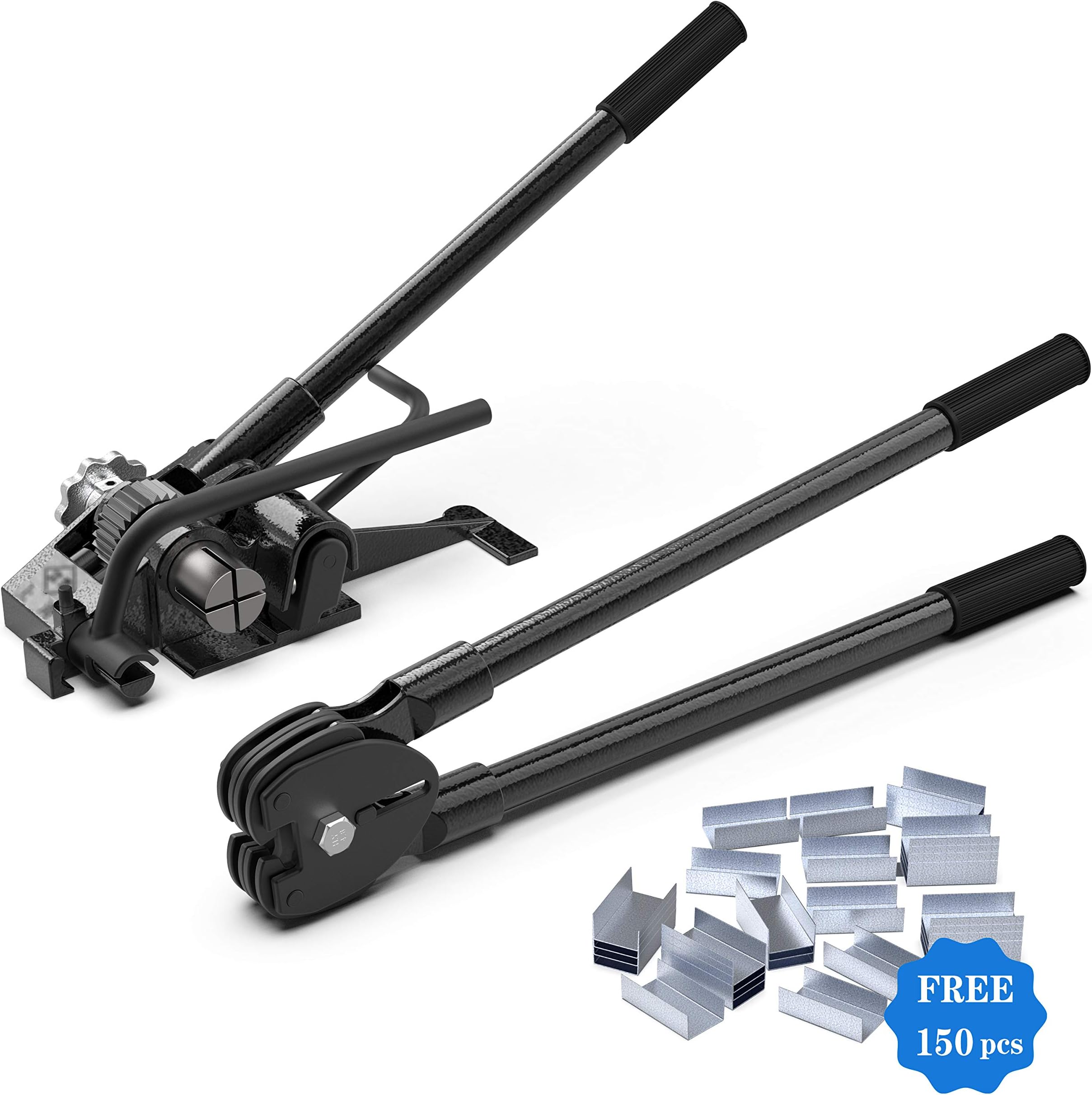 Steel Strapping Kit - Heavy Duty Strapping Tool Set for 3/8" to 3/4" Steel Strapping, Tensioner/Sealer / 150PCS Open Seals