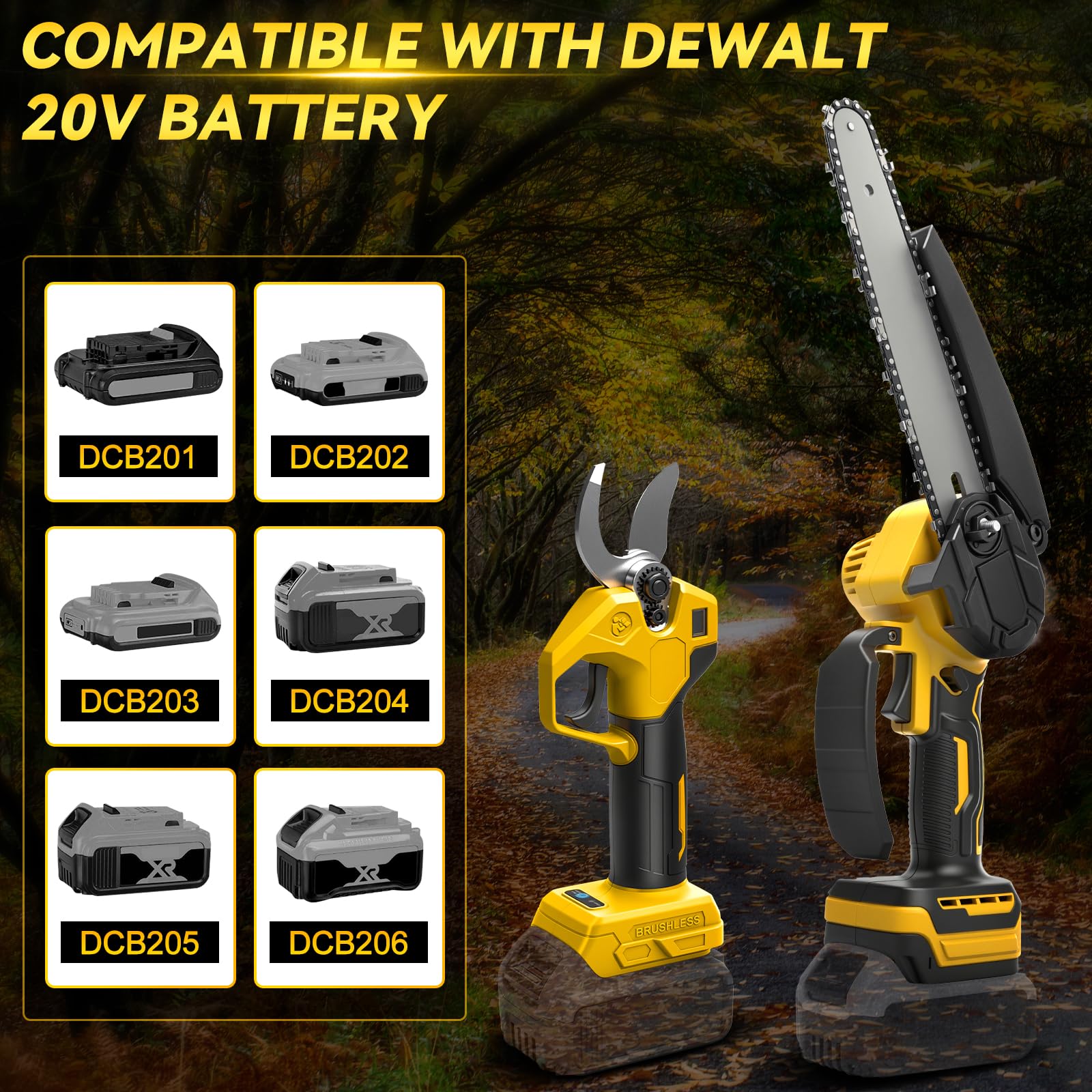 Mini Tronçonneuse 8 pouces et Sécateur électrique 30 mm Compatible avec DeWalt 20V, Generic Kit d'outils de jardinage 4 en 1, Portée 4,57 m pour élagage des arbres, Avec rallonge (Sans batterie)