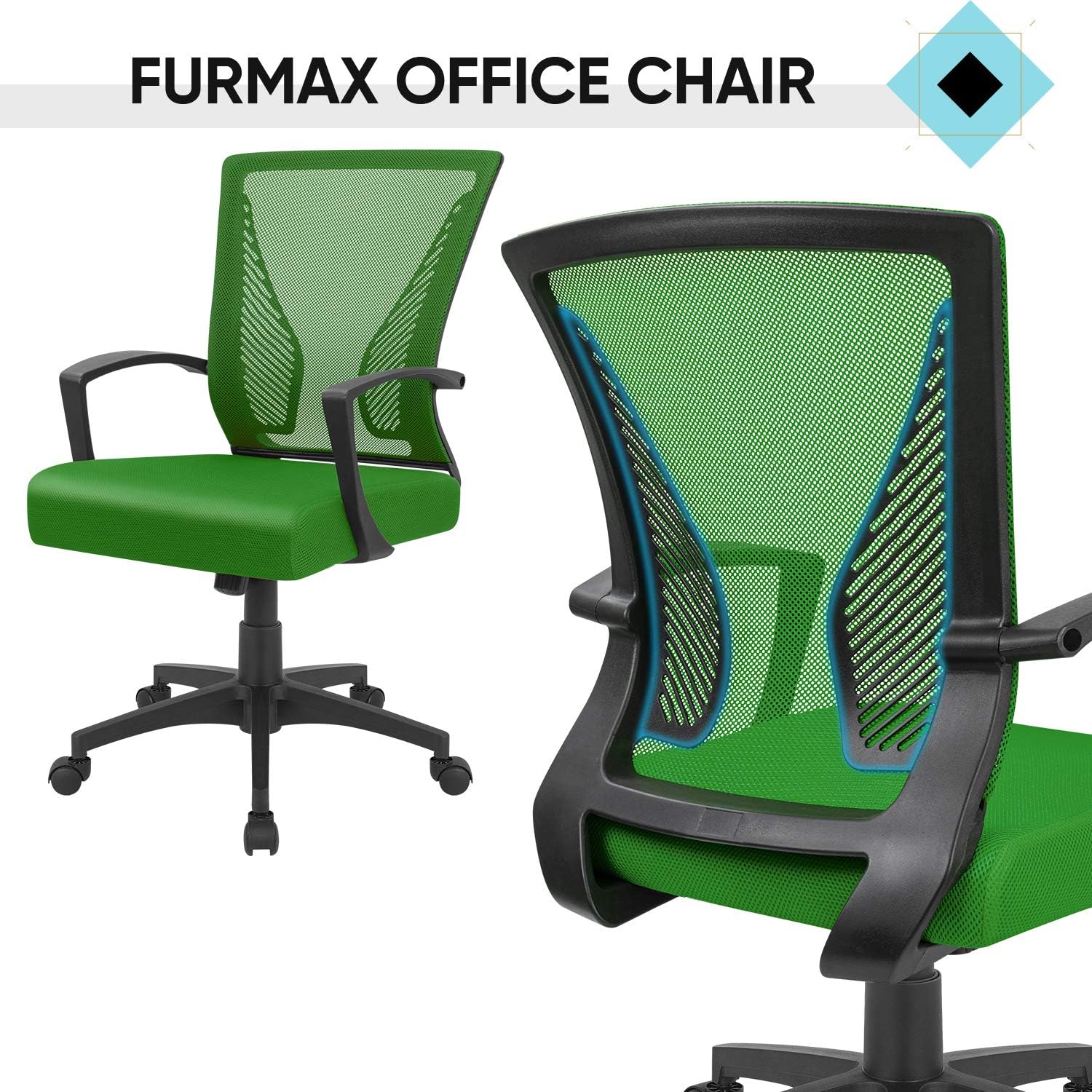 Furmax Office Chair Ergonomic Computer Desk Mesh Chair Mid Back Swivel Lumbar Support with Armrest (1, Black): 2 Green