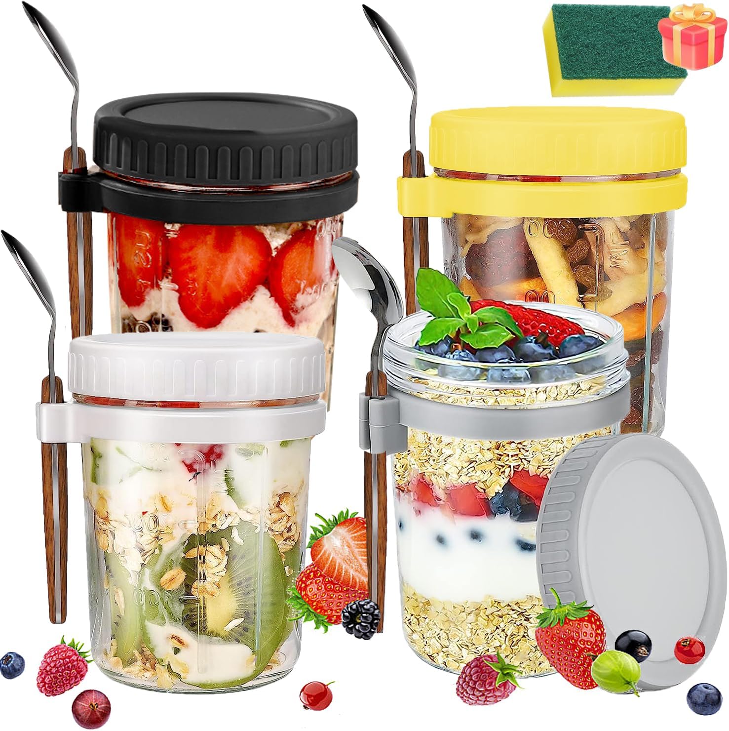 Recipientes De Avena Con Tapas Y Cuchara De 16 Onzas [paquete De 4] Tarros Grandes Herméticos De Avena Con Marcas De Medición, Tarros De Vidrio Para Yogur, Pudín De Semillas De