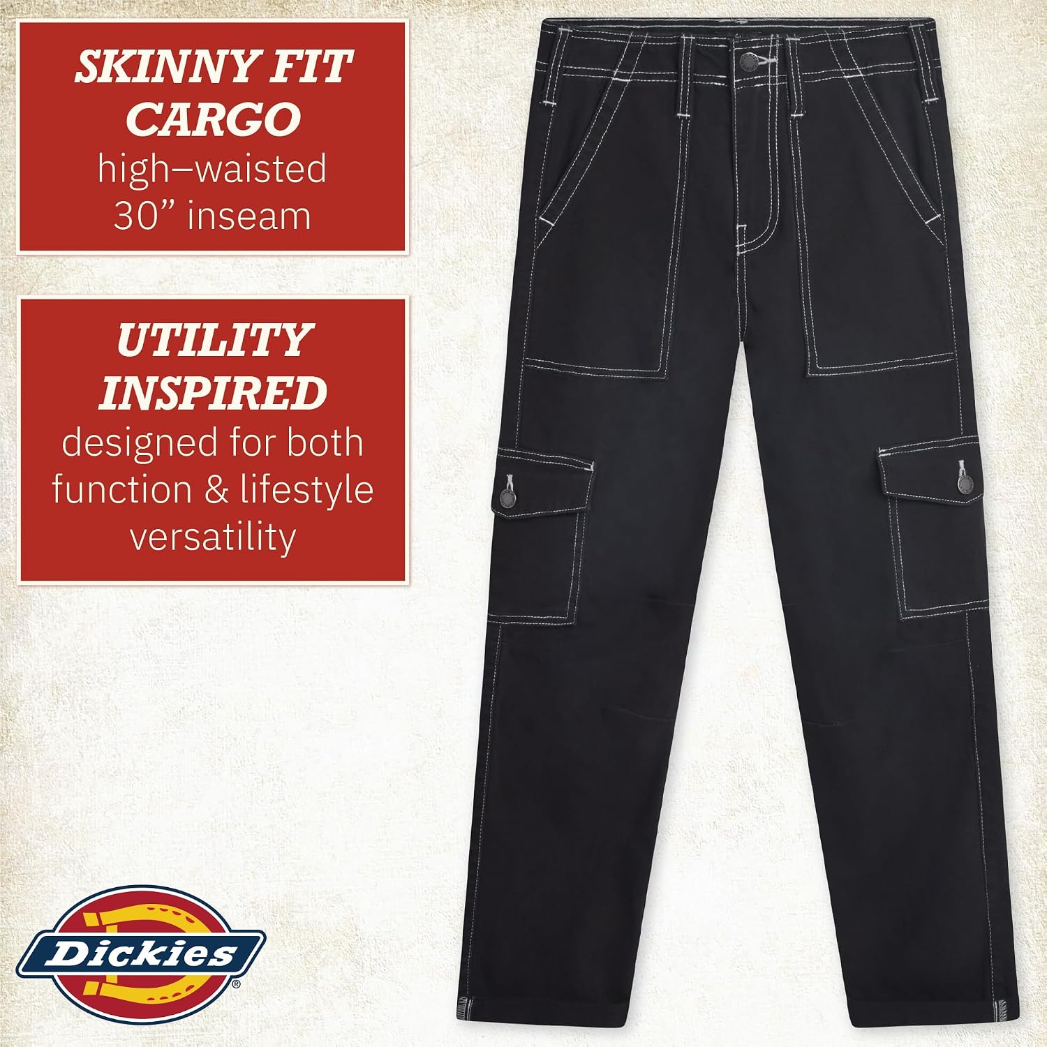 Dickies Womens Skinny Fit High Rise Cargo Carpenter Pants with Pockets | Cuffed Hem Tapered Leg, Articulated Knees for Mobility, Cargo Pockets with Flap Back Pockets, Contoured High-Rise Waistband
