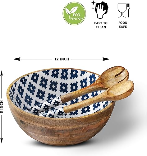 Miniatura 2 de Folkulture Ensaladera o cuencos de madera con pinzas para servir, grande para frutas, cereales o pasta, juego de cuencos grandes para mezclar, 12
