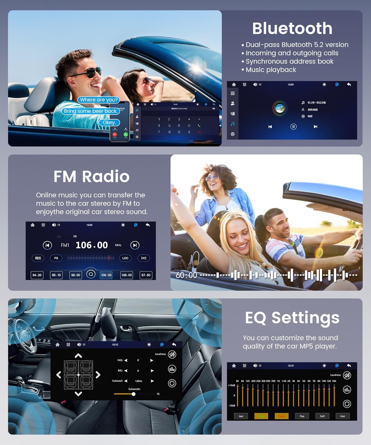 6.8" IPS Touch Screen Single Din Car Stereo, Wireless CarPlay Android Auto, Bluetooth 5.2 Handsfree Call, FM Radio EQ, Backup Camera, SWC, USB & Type-C