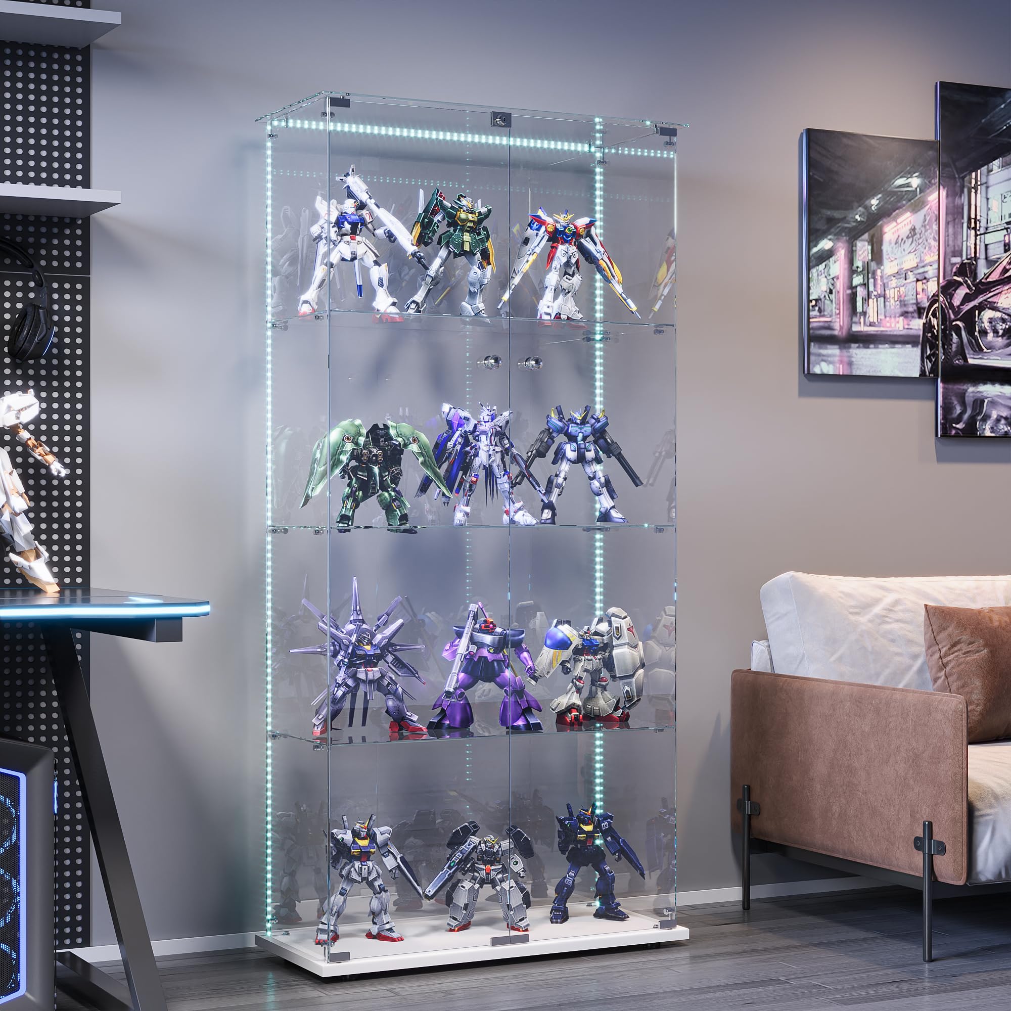 Glasvitrine mit Beleuchtung,Vitrine Stehend Sammlervitrine Vitrine Glas mit 2 Glastüren & 4 Glasböden Vitrinenschrank Für Wohnzimmer Schlafzimmer Büro (Weiß, 2 Tür 4 Lagen – LED Lichtleiste)