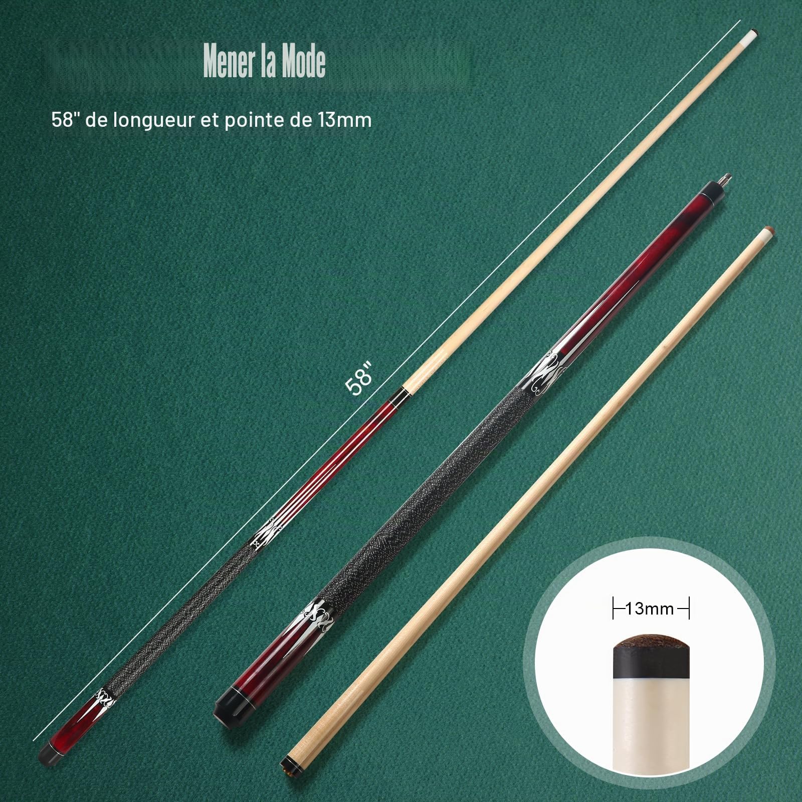 Queue de Billard, 58 Pouces 19 Oz Pool Cue Stick Bâtons de Billard en Bois Dur de Pointes de 13 mm pour Joueur Professionnel de Billard