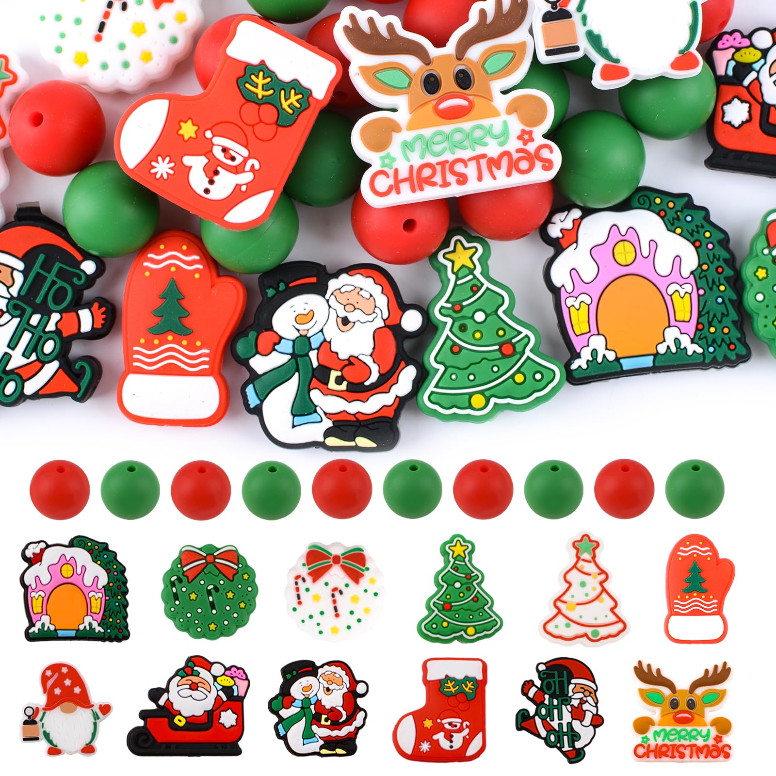 URROMA 32Pcs Christmas Silicone Beads Irregular&Round Spacer Bead with Santa Claus Deer Shape Loose Beads for DIY Pen Bracelet Craft Making