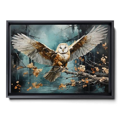 Miniatura 1 de Flying owl with trees, leaves, forest double exposure, nature animal, owl illusion art, wrapped framed canvas print, office wall art