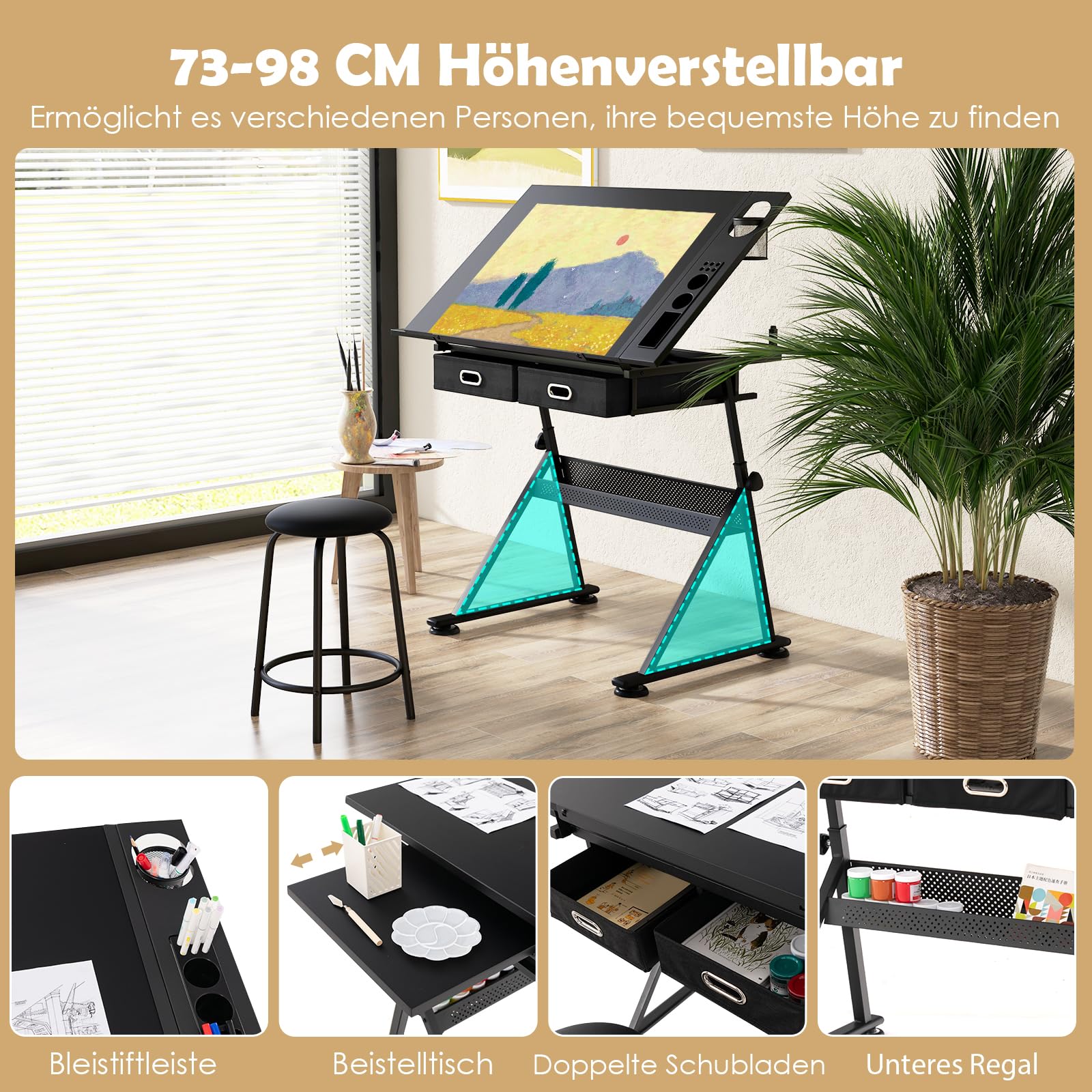 GOPLUS Zeichentisch Höhenverstellbar, Schreibtisch Neigungsverstellbar, Architektentisch mit Hocker, Schülerschreibtisch Bürotisch (Schwarz)
