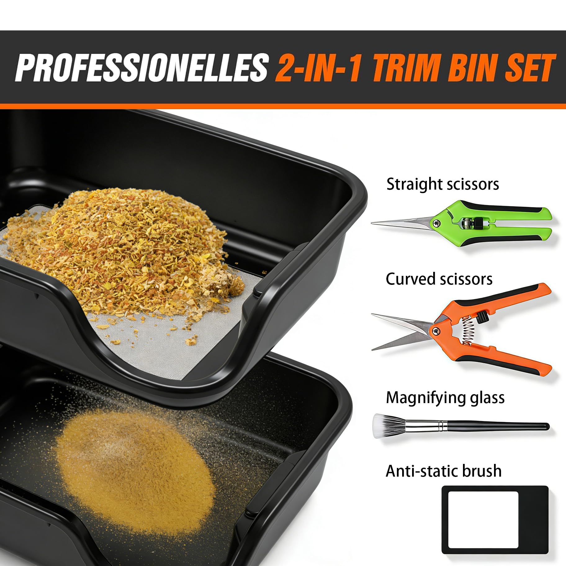 Trim Bin Set mit 150 Mikron Pollensieb, Trim Tray, Trimming Tray mit 2 Scheren, Lupe und Bürste, 5 Zoll Tabletttiefe, Trimmschale Professional Ernte Zubehör für Pollen und Kräutersieb