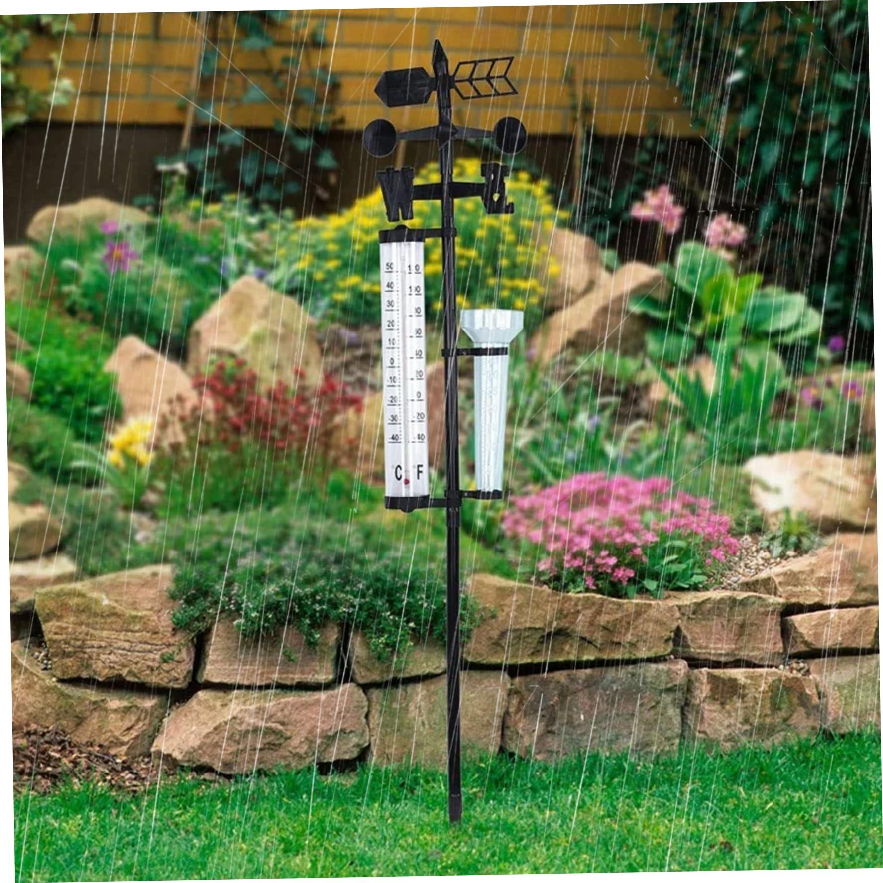 Drahtlose Wetterstation mit drehbarer Halterung 55'' mit Regenmesser-Thermometerfahne für den Garten