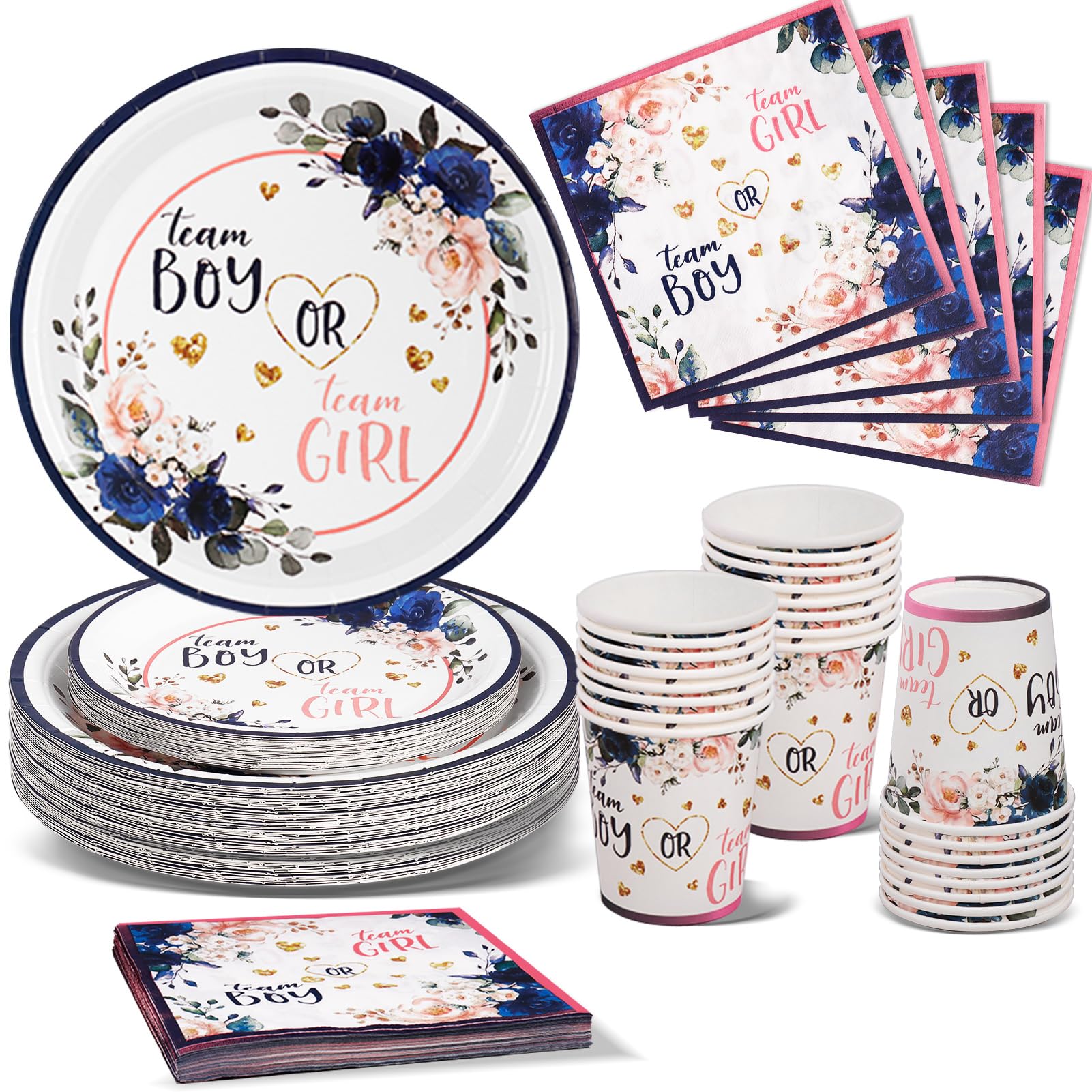 Nkaiso Flower Baby Shower Gender Reveal Party Tableware Set, 96 Pieces Girls Boys Gender Reveal Theme Tableware Decorations Plates Cups Napkins Party Supplies- 24 Guests