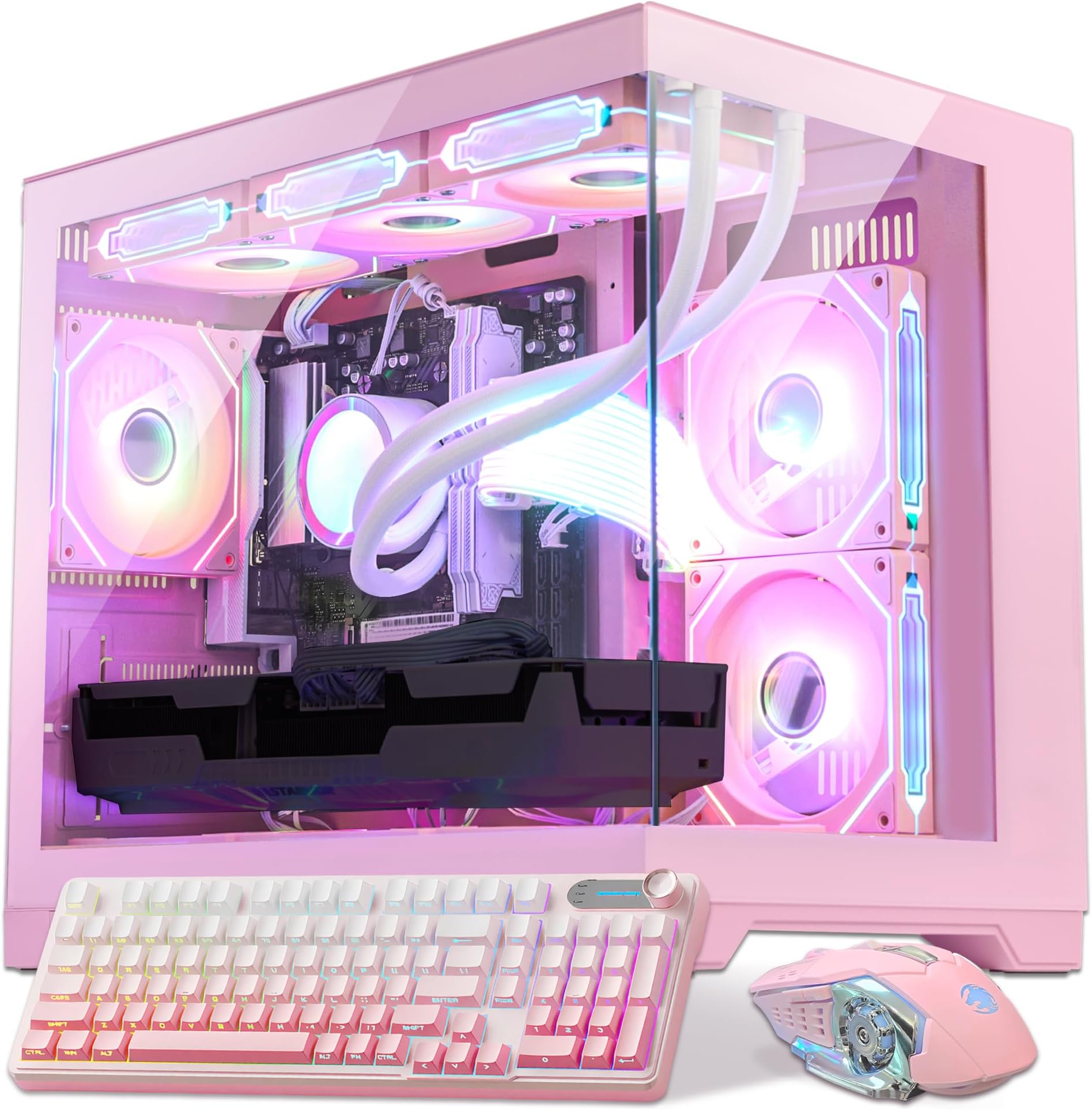 Ocean Park Pink Gaming PC Gamer Desktop W/ KB & Mouse, AMD Ryzen 7 9800X3D 8-Core 4.7GHz, RTX 5070 12GB, 32GB DDR5, 1TB PCIe +1TB SATA SSD, 850W 80+ Gold PSU, FUSION 2.0 APP RGB Fan Control, Win 11