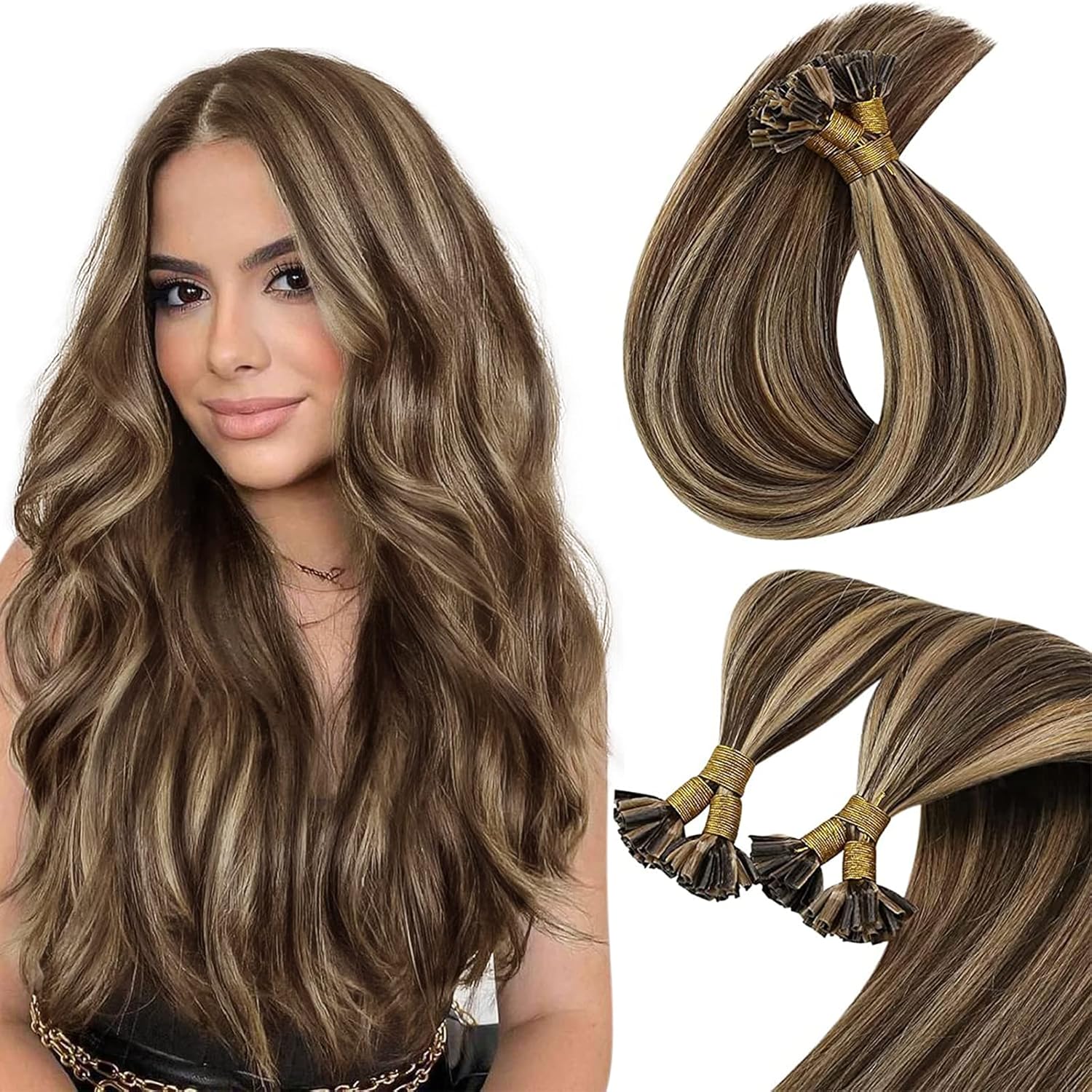 Sunny U Tip Hair Extensions Human Hair Brown Highlights