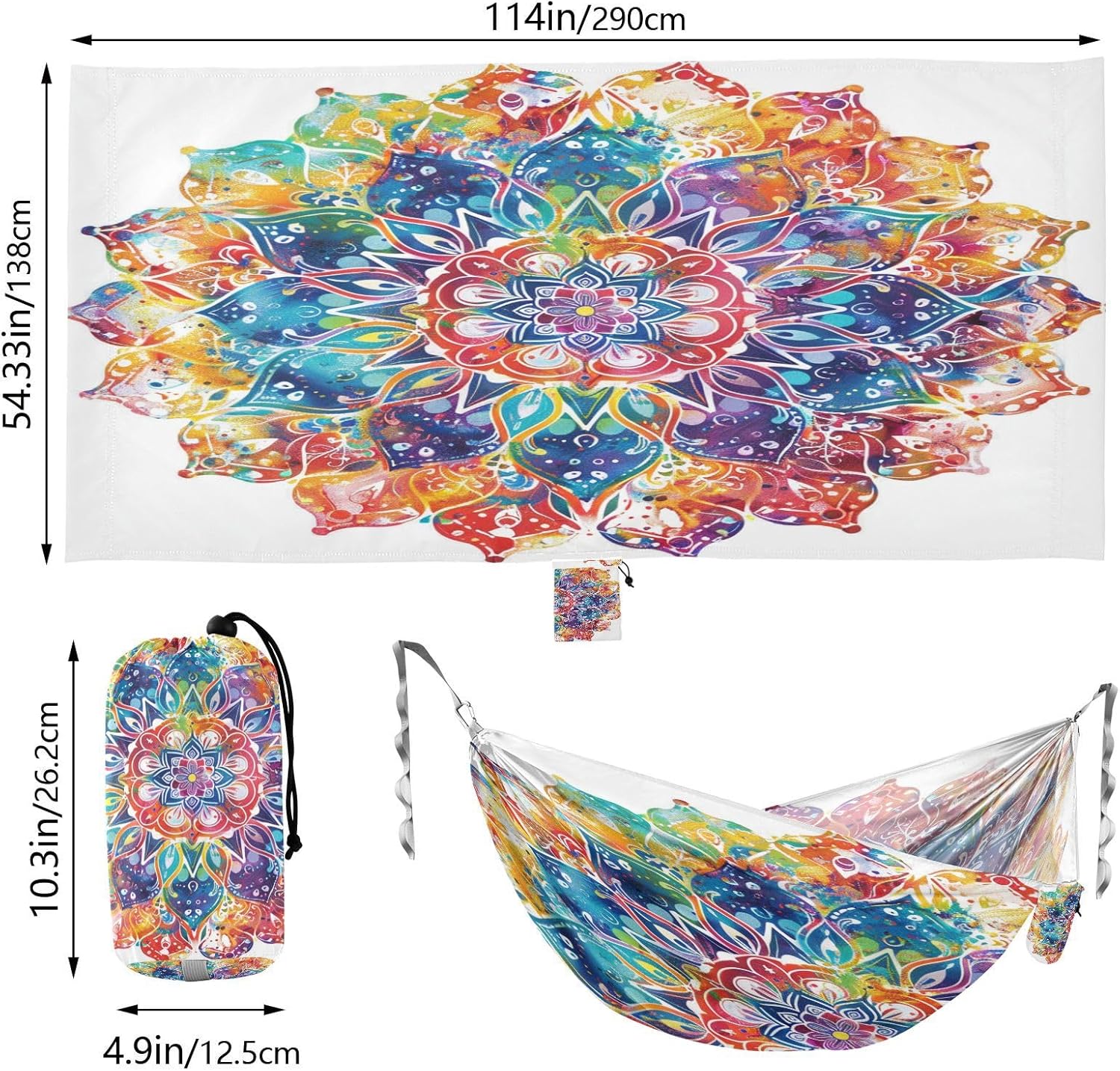 ALAZA Mandala Tie Dye Camping Hammocks Single or 2 Person 500 lbs Portable Parachute Travel Hammock w/Tree Straps for Hiking Backpacking Indoor Outdoor