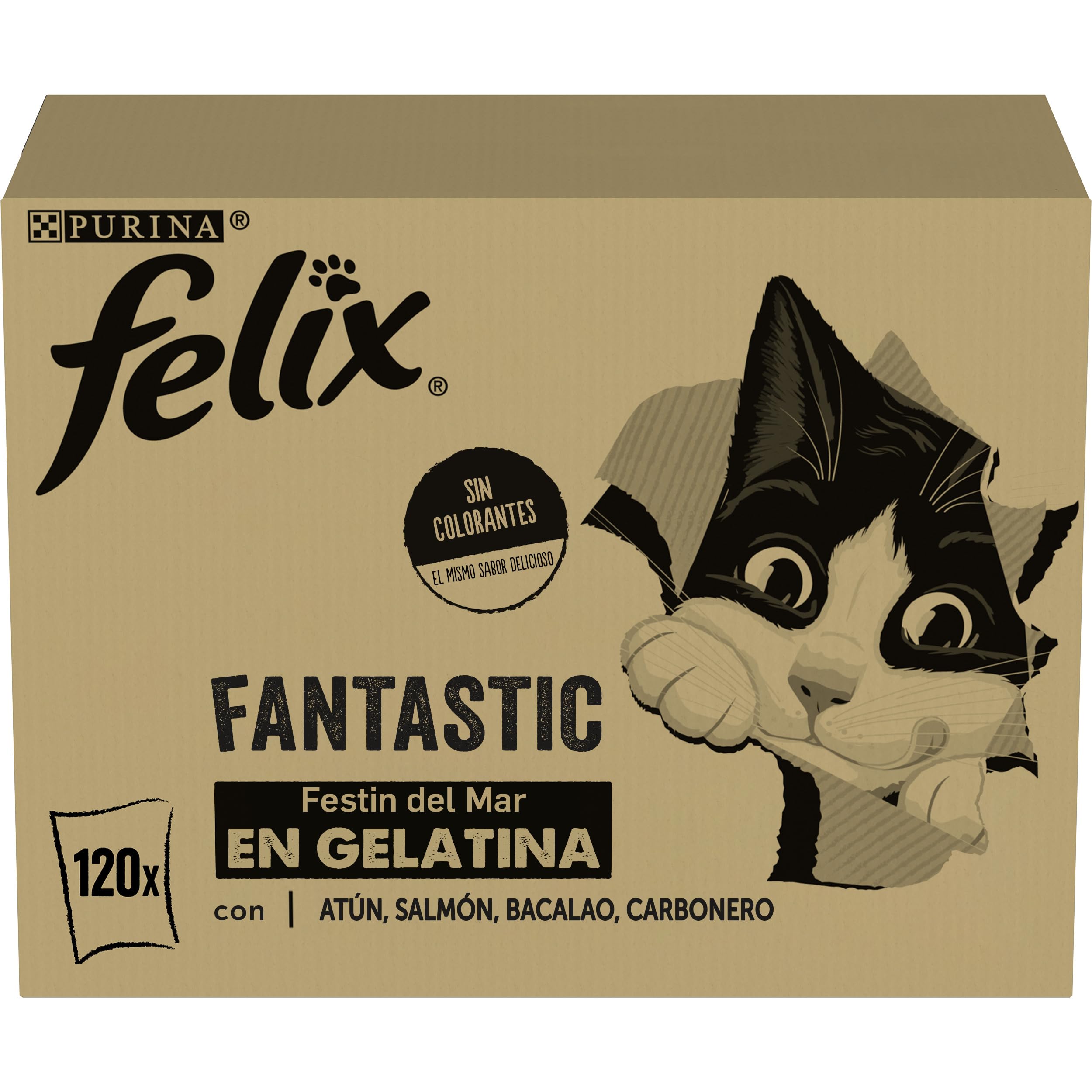 Felix Fantastic Wet Adult Cat Food, Gelatin, Tuna, Salmon, Cod and Carbonero, Pack of 120 85g Sachets