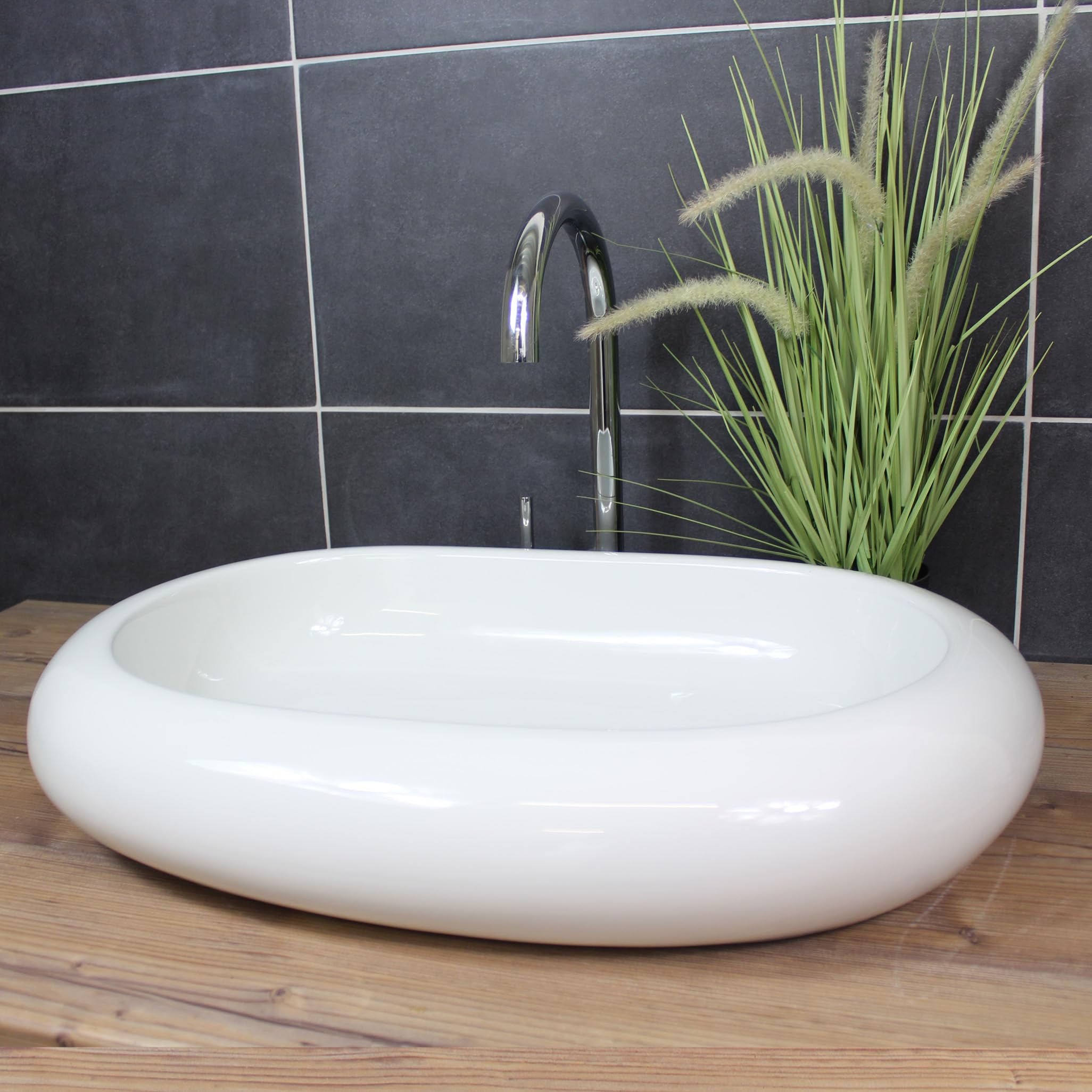 Lavabo ovale da appoggio 62 x 40 x 10 cm, allungato, arrotondato, in ceramica, bianco, moderno, grande