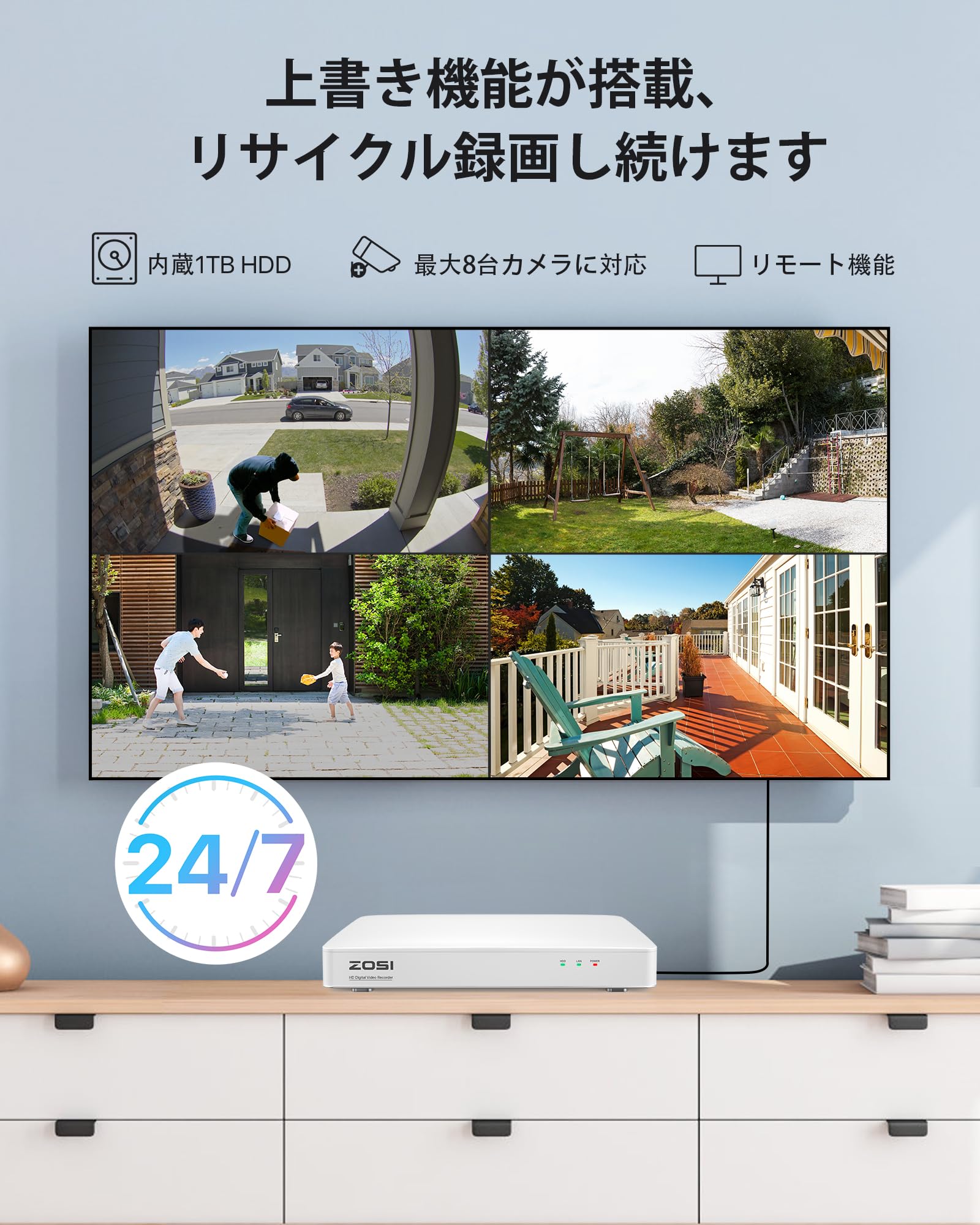 防犯カメラ 4台セット 300万画素 8chレコーダー 動体検知 1TBHDD Hiseeu 防犯カメラ 屋外 家庭用 ワイヤレス 300万画素 wifi 4台