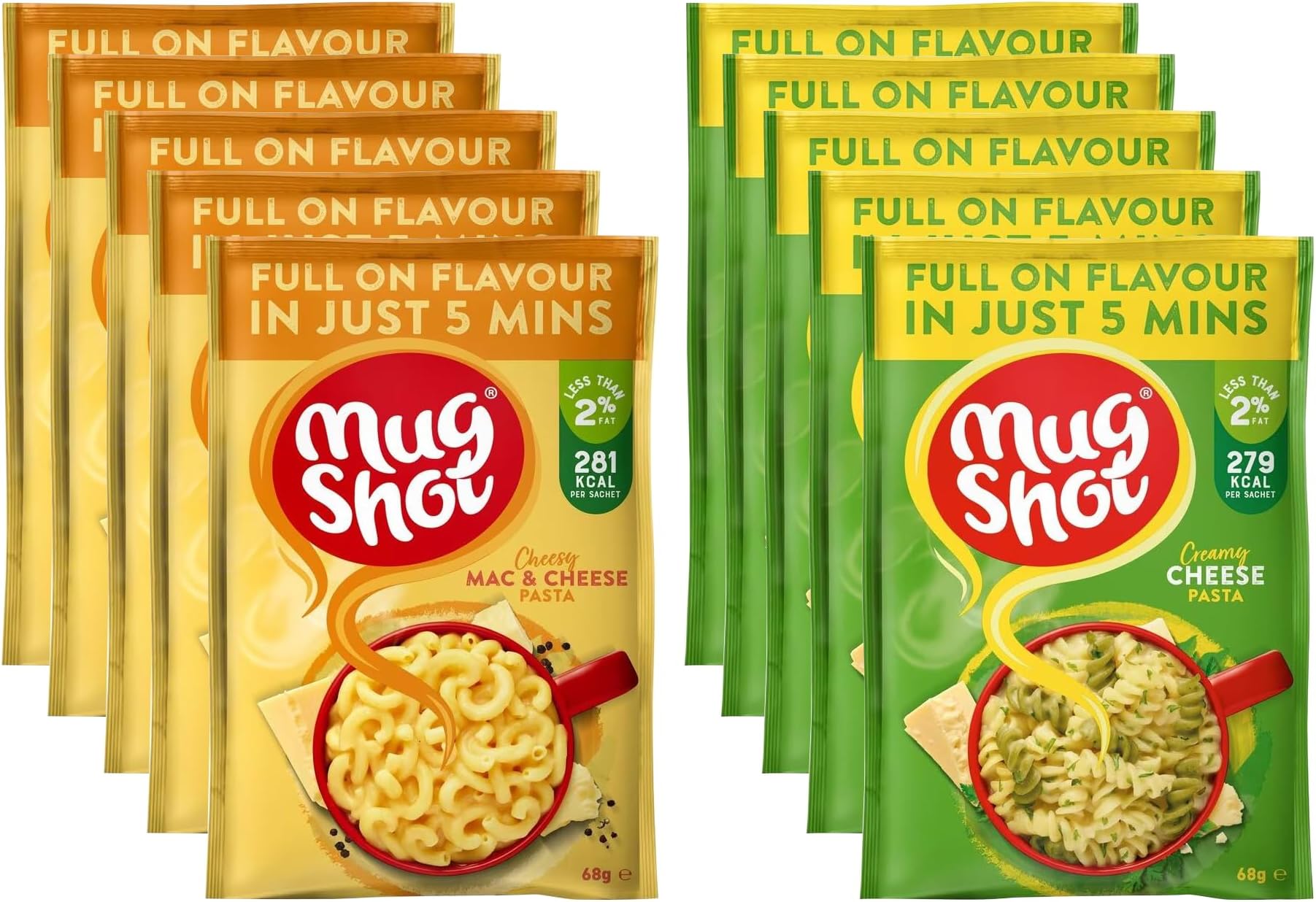 Mug Shot Instant Pasta Ready Meal - Quick Cheesy Pasta Perfect for Vegetarian, Pasta Pot Mix Mac n Cheese (5 pk) and Creamy Cheese (5 pk), 10 pack total -Ready in Five Min Macaroni Cheese Instant Food