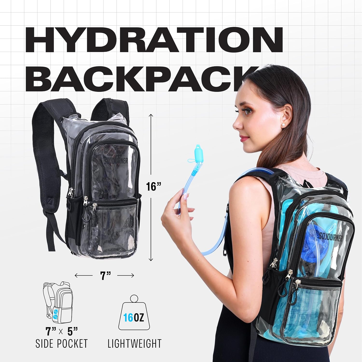Sojourner Hydration Backpack: Clear, Light, and Ready to Flow A clear transparent Sojourner Rave Hydration Backpack with a 2L water bladder and bite valve, worn by a woman, featuring dimensions of 16