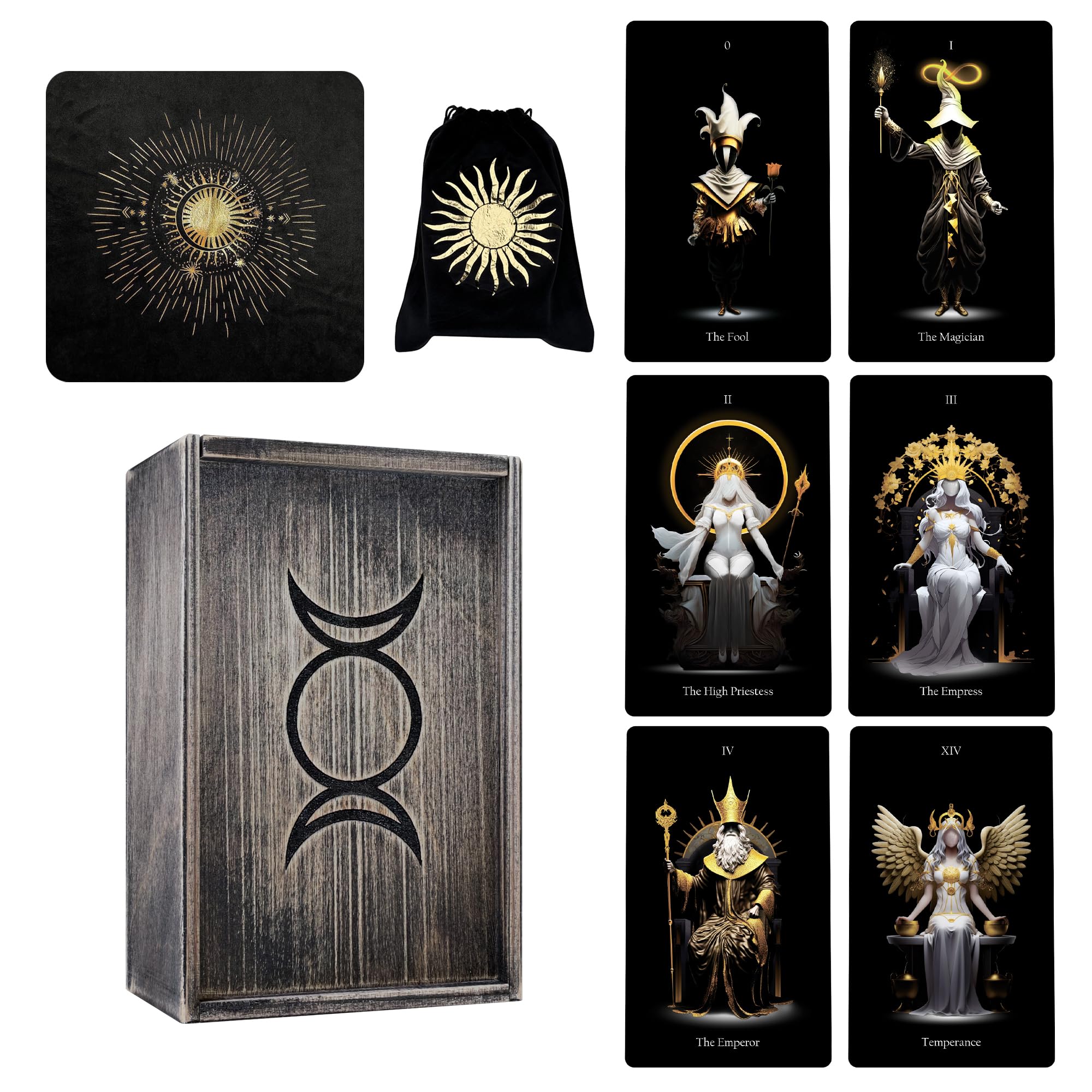 CRAFTERIAN Deluxe Set of Lost Soul Tarot Cards, Dark Wooden Box, Cloth and Bag. 78 Tarot Deck, Original Tarot Cards for Beginners and Experts with Guide Book.