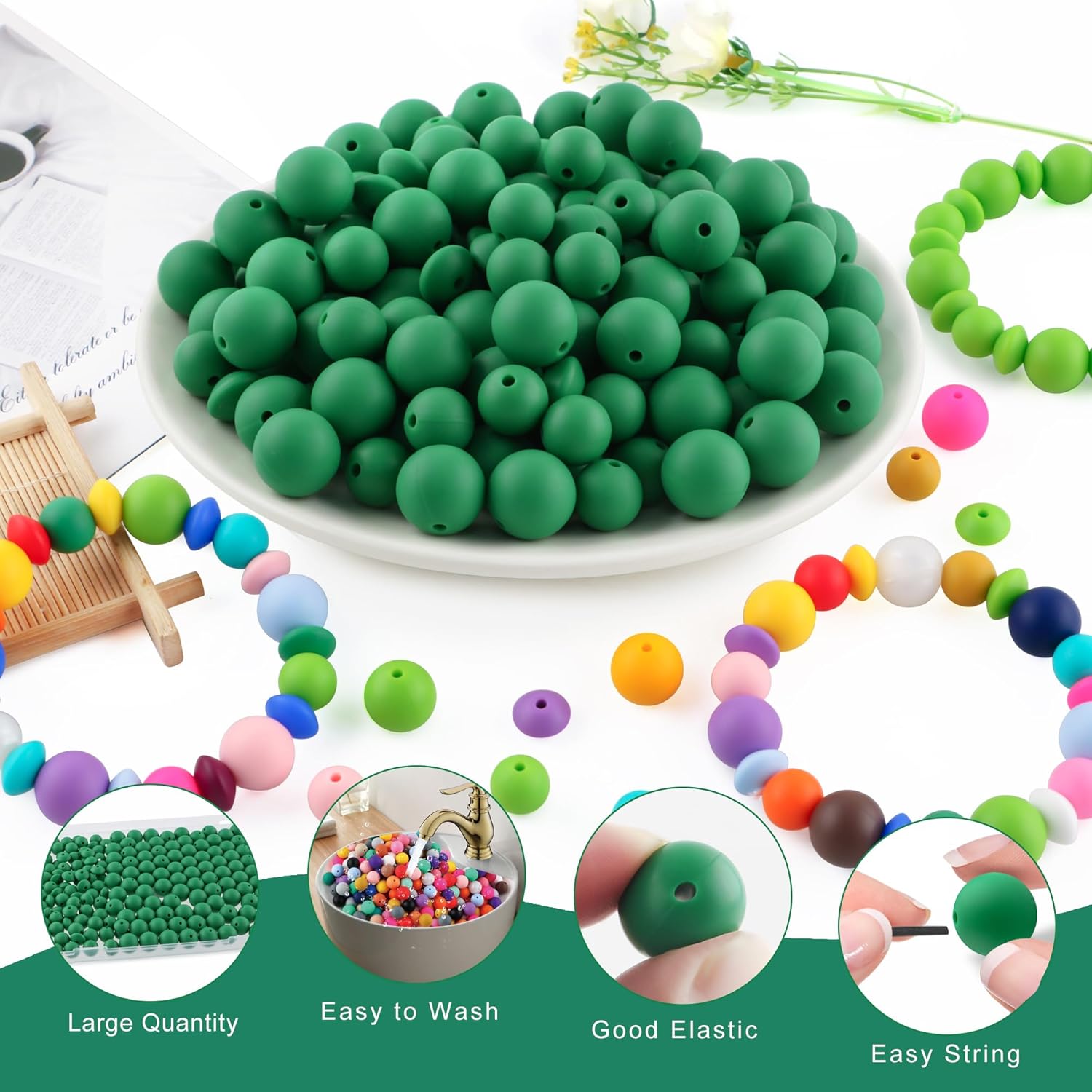 200Pcs Mixed 12mm 15mm Silicone Beads for Keychain Making, 12mm Lentil Silicone Beads for Pens Bracelet Necklace DIY Crafts(Christmas Green) - Image 4