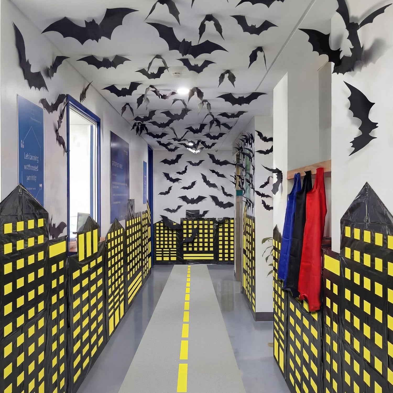 Preboun Hero Theme Party Decorations Skyscraper City 8.2x3.3 ft Backdrop with 9.8x1.3ft Road Rug Fake Clouds Modern City Backdrop Hero Birthday Decor for Hallway Wall Background Photo Props